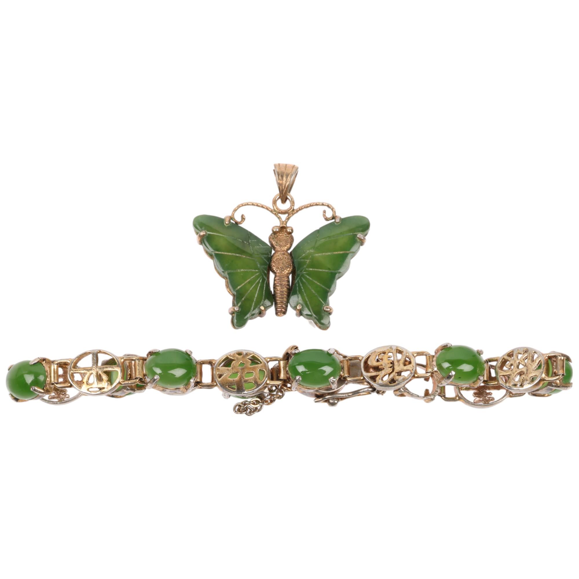 A Chinese silver-gilt jadeite panel bracelet and butterfly pendant, bracelet 17cm, pendant 26.5mm,