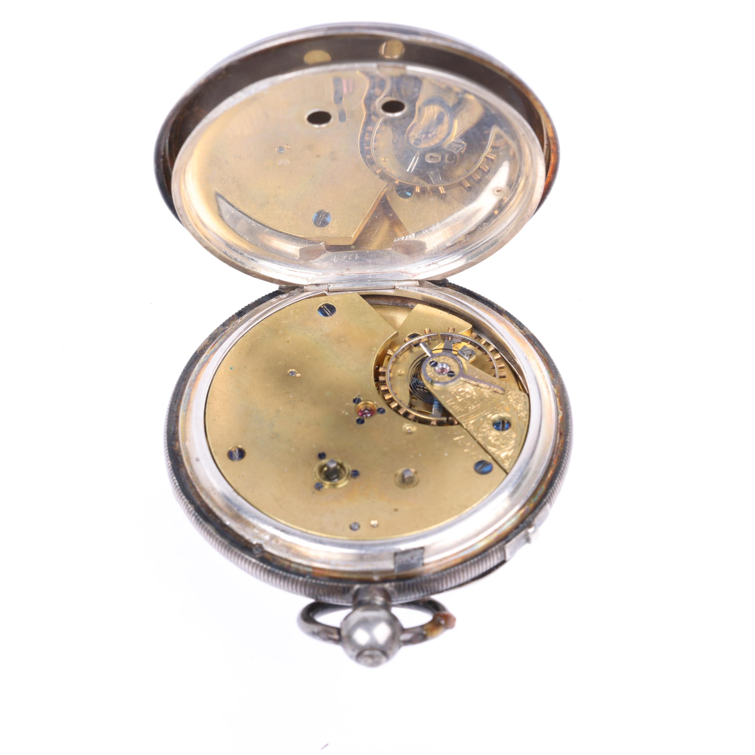 A 19th century silver-cased open-face key-wind chronograph pocket watch, white enamel dial with - Image 5 of 5
