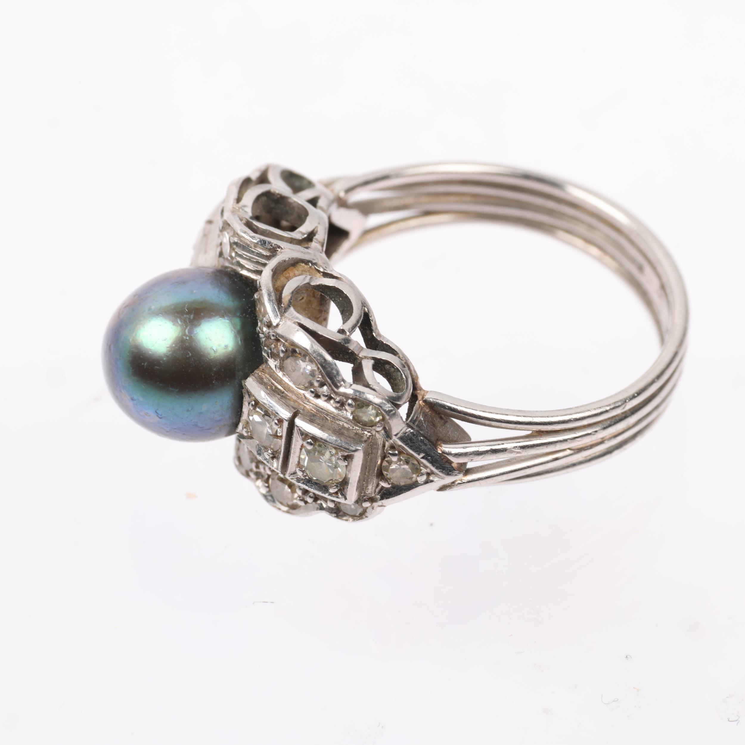 An Art Deco style whole black Tahitian pearl and diamond panel ring, setting height 11.5mm, size - Image 3 of 4