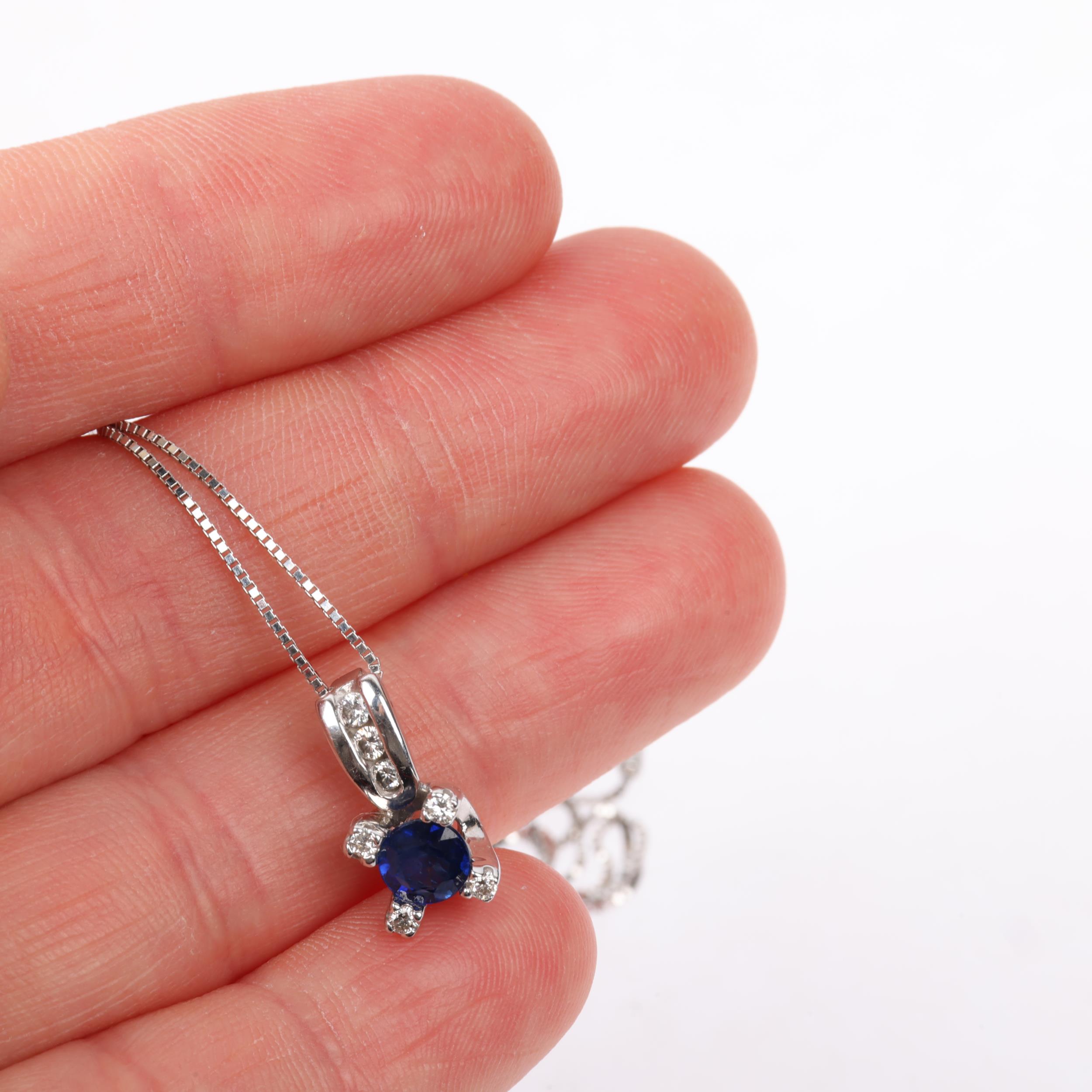 A modern 14ct white gold sapphire and diamond pendant necklace, on 18ct fine box link chain, pendant - Image 4 of 4