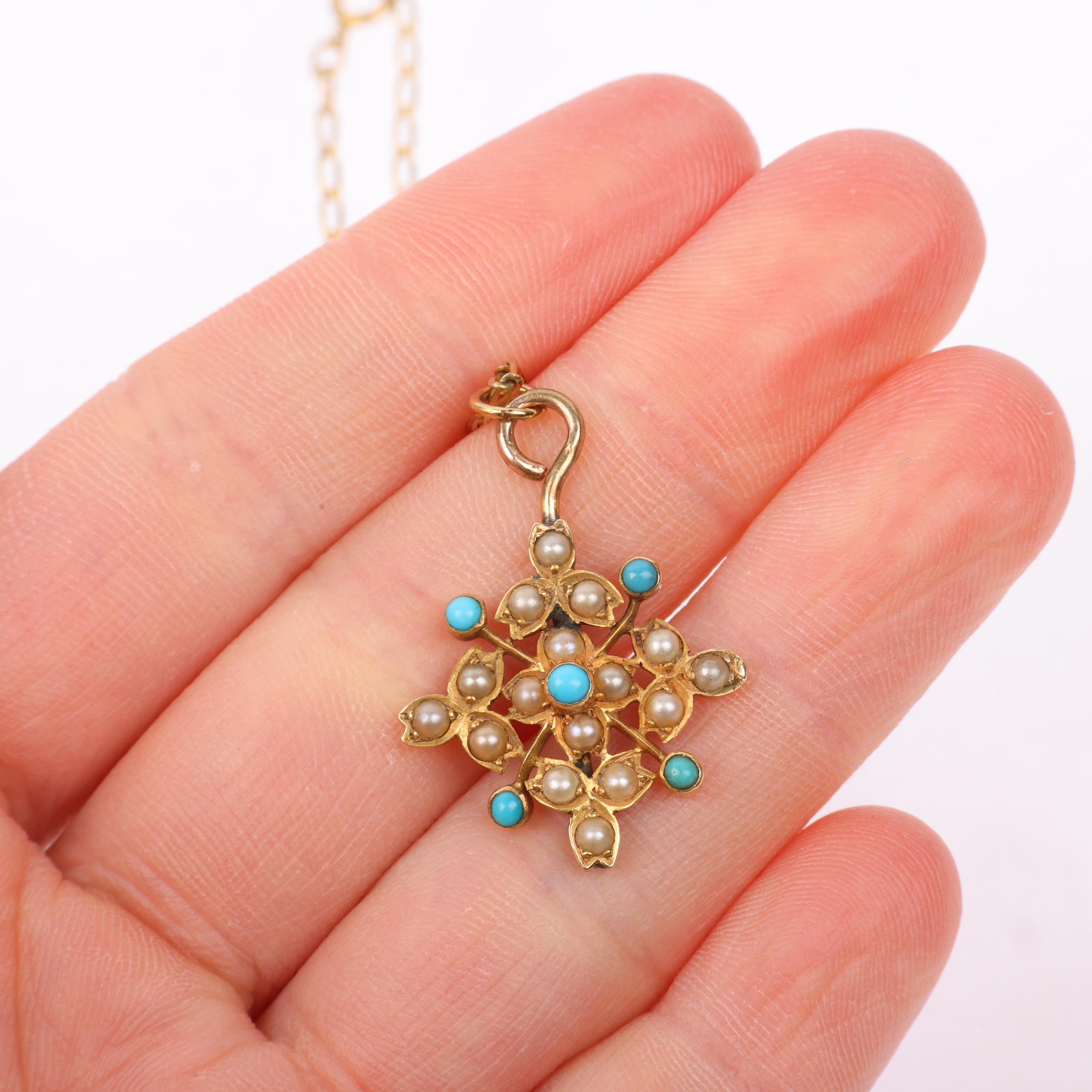 A Victorian 18ct gold turquoise and pearl floral openwork pendant necklace, on 9ct long curb link - Image 4 of 4
