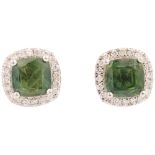 A pair of 9ct white gold demantoid garnet and diamond square cluster earrings, set with modern round