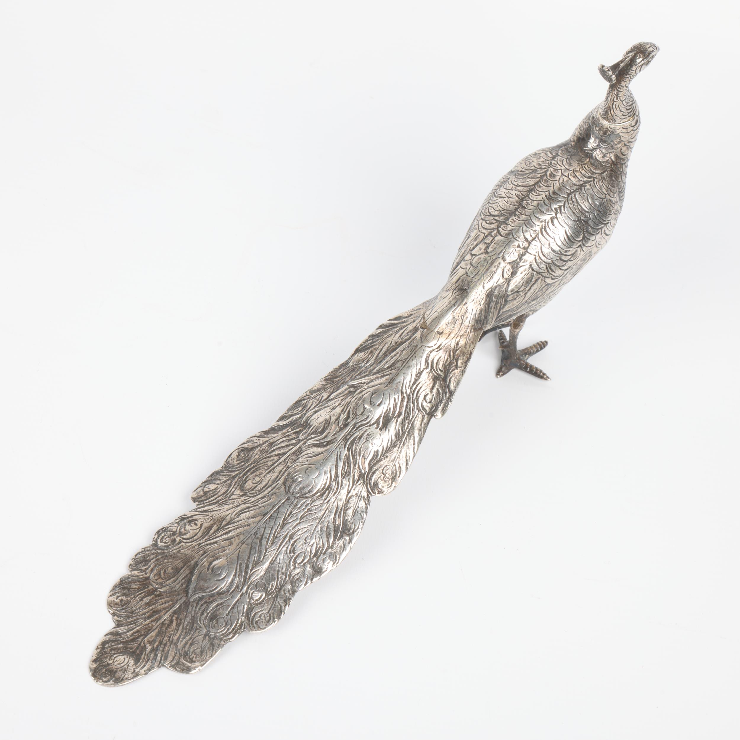 A large Antique German 800 silver figural peacock bird scent bottle/table scatter, circa 1900, 29cm, - Image 2 of 3