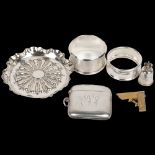 Various silver, including pin tray, Elizabeth II Coronation commemorative thimble, Vesta case etc,