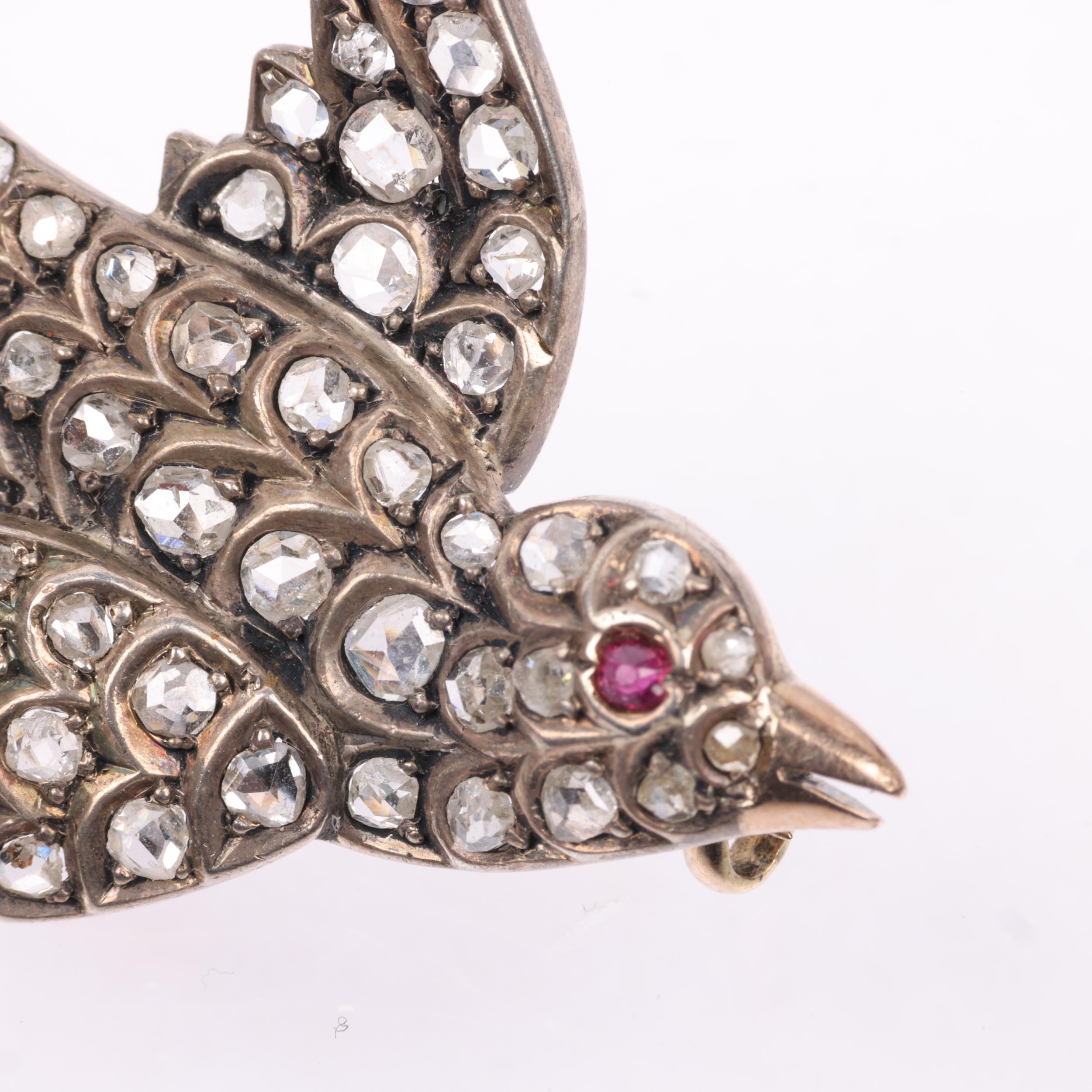 A 19th century ruby and diamond figural swallow bird brooch, circa 1890, set with rose-cut diamonds, - Image 3 of 4