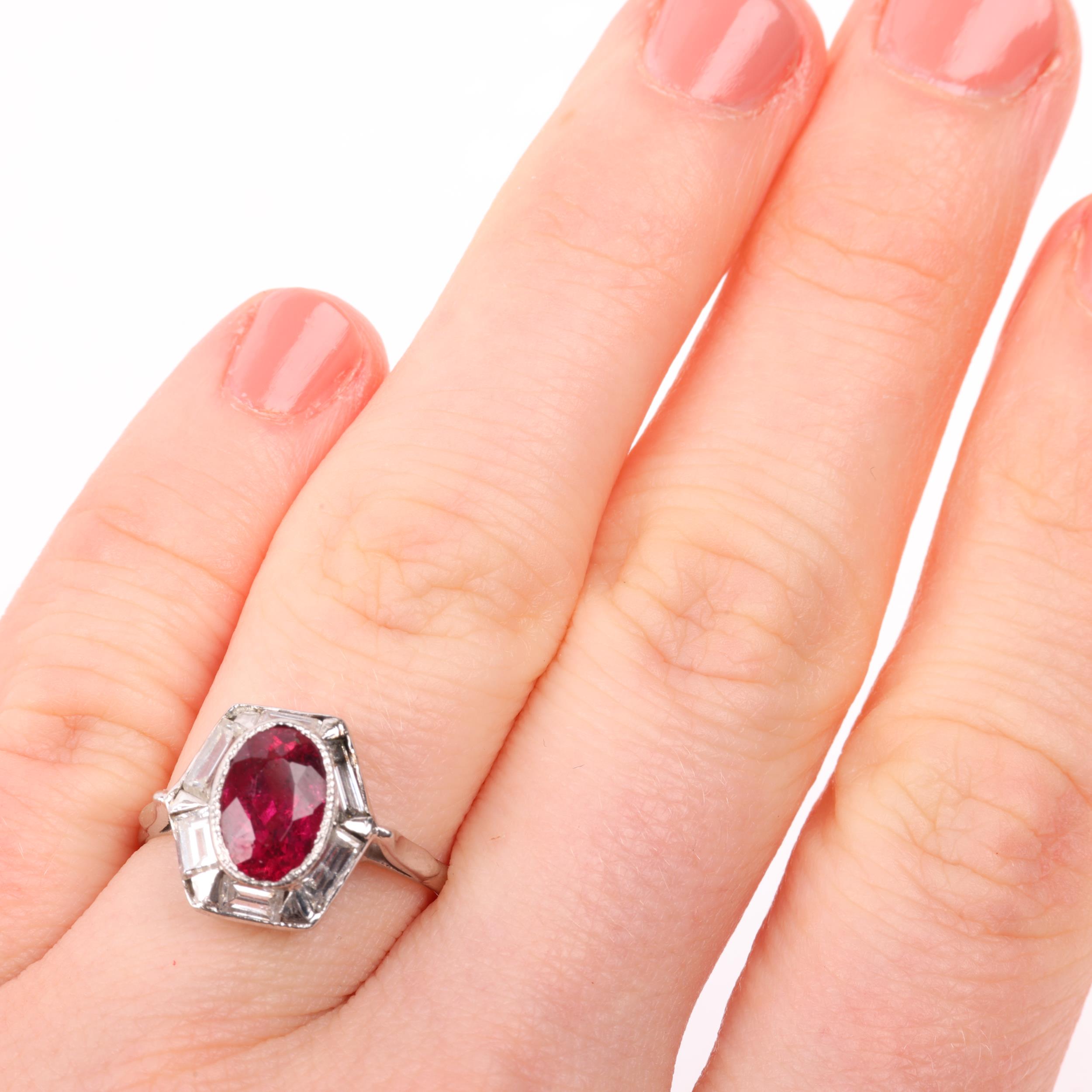 A late 20th century platinum synthetic? ruby and diamond hexagonal panel ring, maker B&M, London - Image 4 of 4