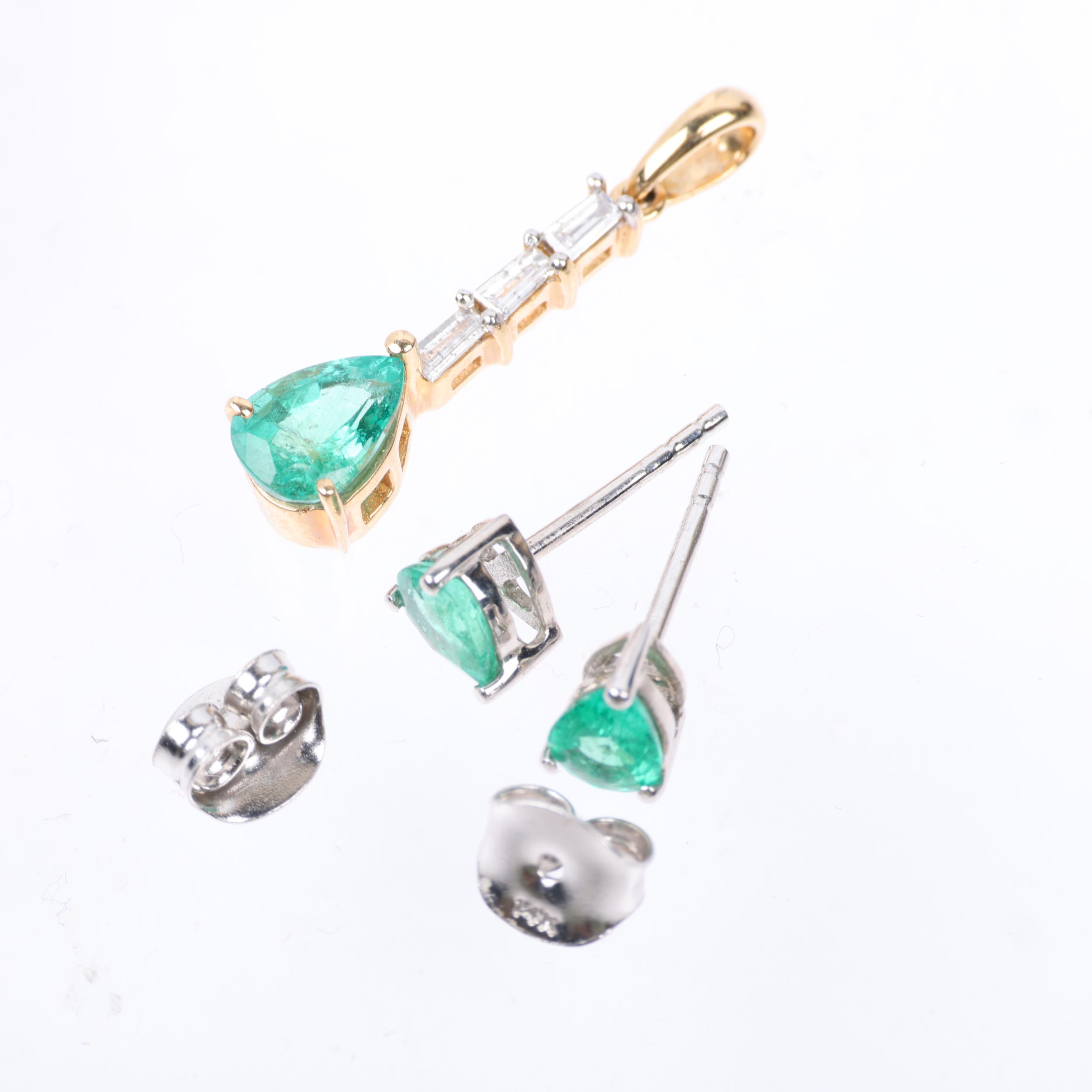 A 14ct gold Zambian emerald and diamond pendant and earring set, claw set with pear-cut emeralds and - Image 3 of 4