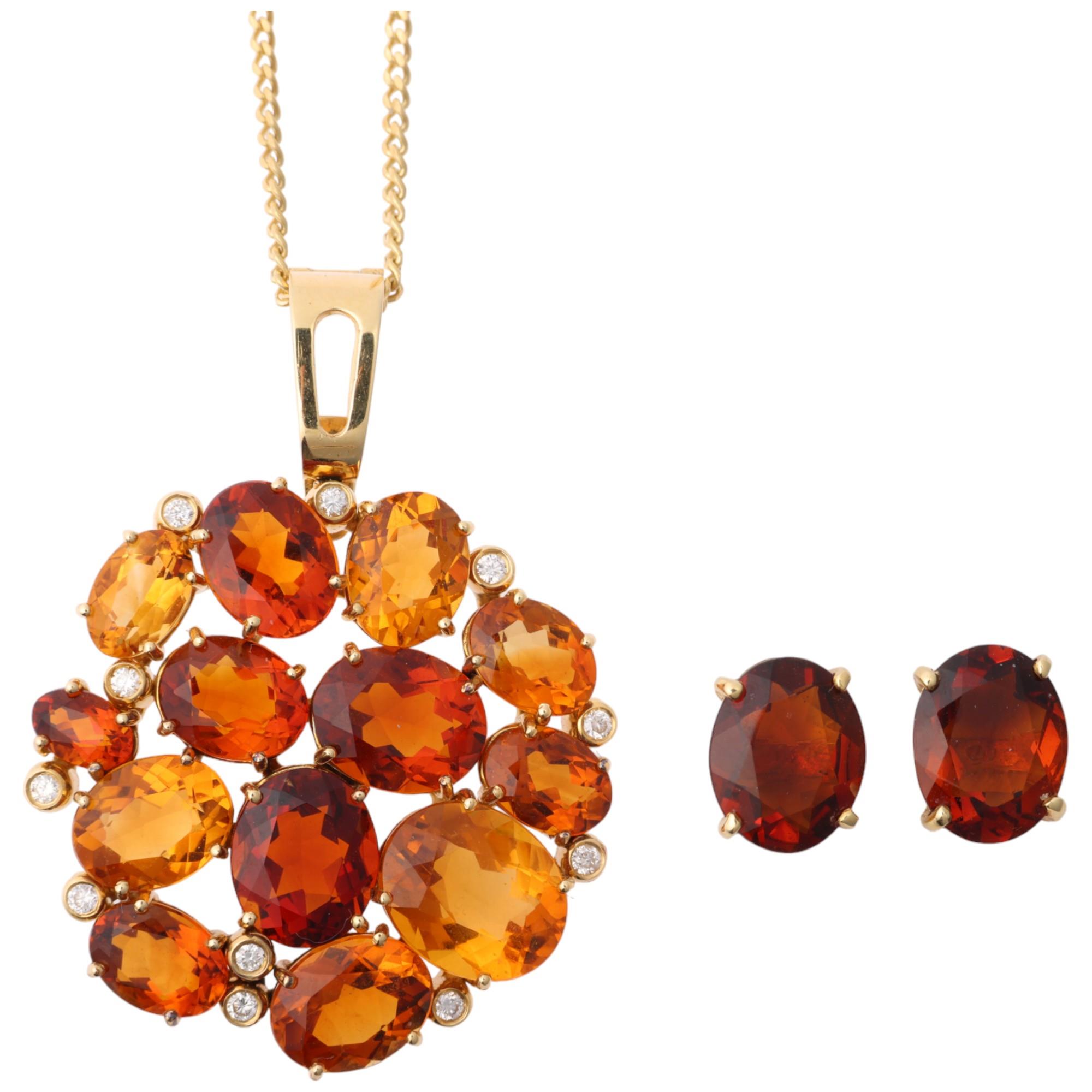 An 18ct gold citrine and diamond cluster pendant necklace and earring set, set with vari-hue oval