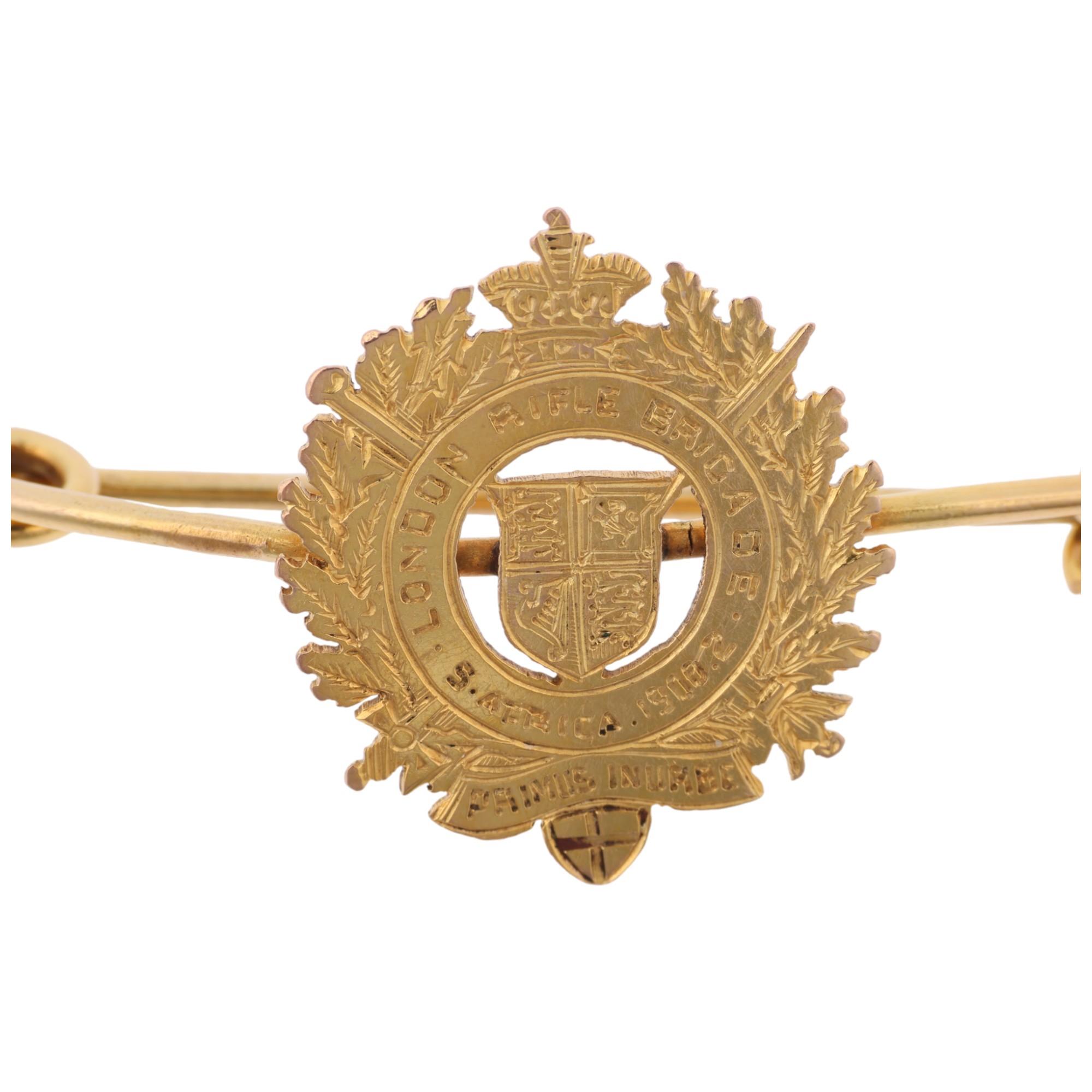 An early 20th century 9ct gold London Rifle Brigade military sweetheart bar brooch, South Africa - Image 2 of 4
