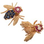 A pair of 14ct gold gem set figural bee and wasp lapel brooches, maker FM, set with sapphires rubies