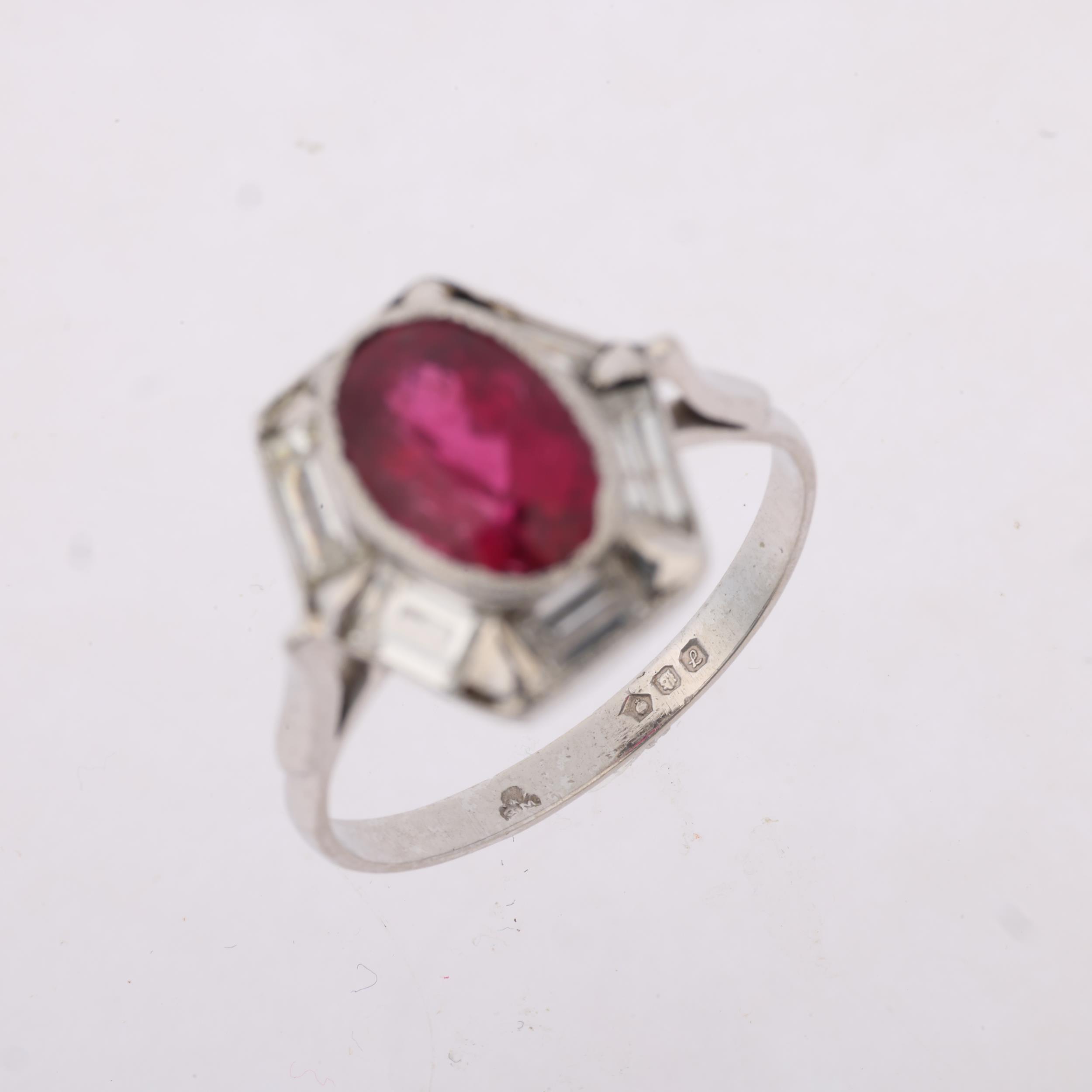 A late 20th century platinum synthetic? ruby and diamond hexagonal panel ring, maker B&M, London - Image 3 of 4