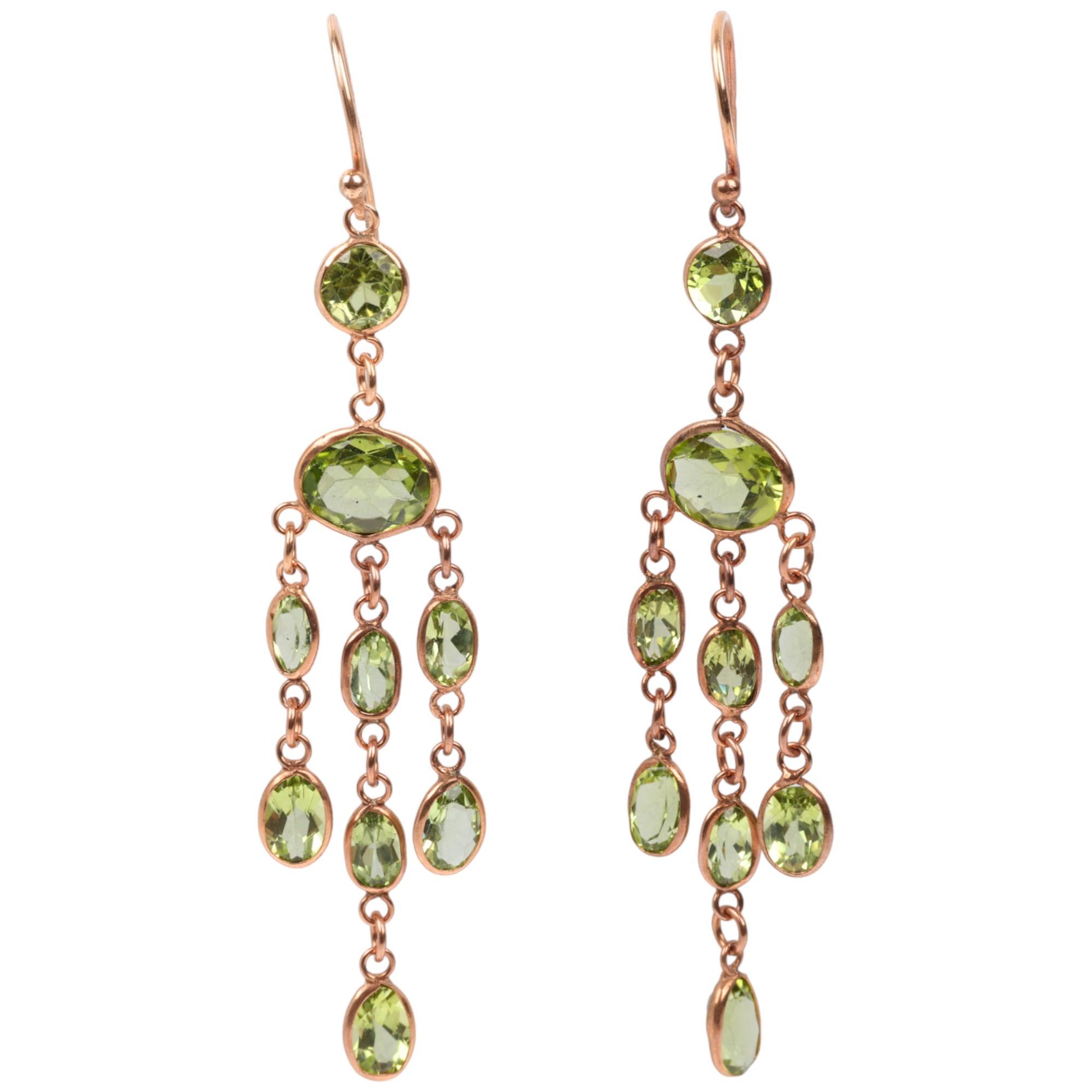 A pair of 9ct rose gold peridot triple drop earrings, maker SA, London 2017, set with oval and