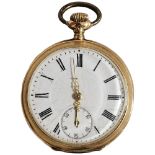 A Swiss 14ct gold open-face keyless fob watch, Geneva circa 1900, white enamel dial with Roman