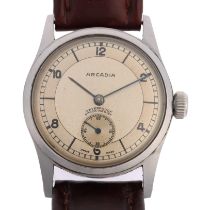 ARCADIA - a Vintage stainless steel mechanical wristwatch, circa 1950s, silvered dial with black
