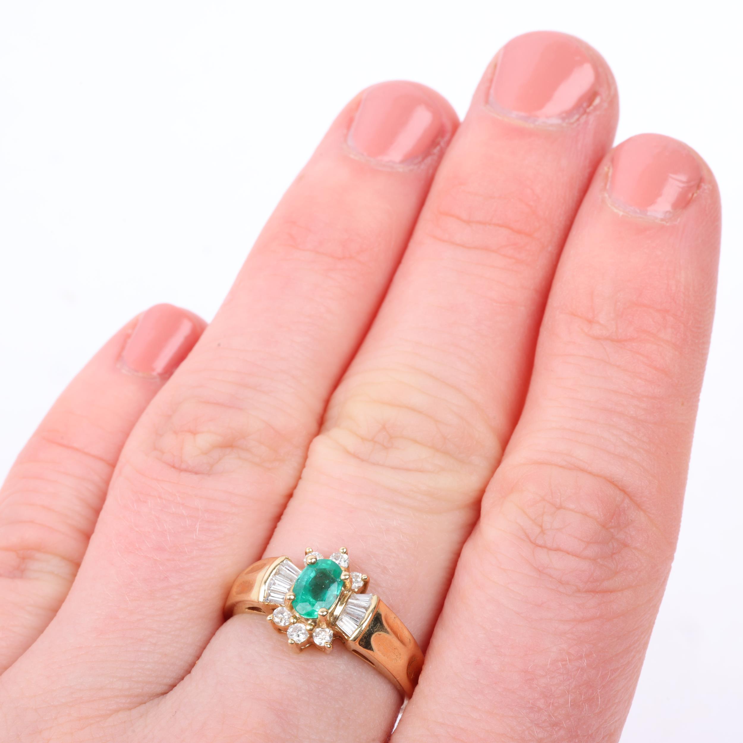 A Continental 14ct emerald and diamond flowerhead cluster ring, set with oval mixed-cut emerald with - Image 4 of 4