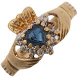 **WITHDRAWN** A modern 9ct gold sapphire and diamond heart cluster Claddagh ring, total diamond