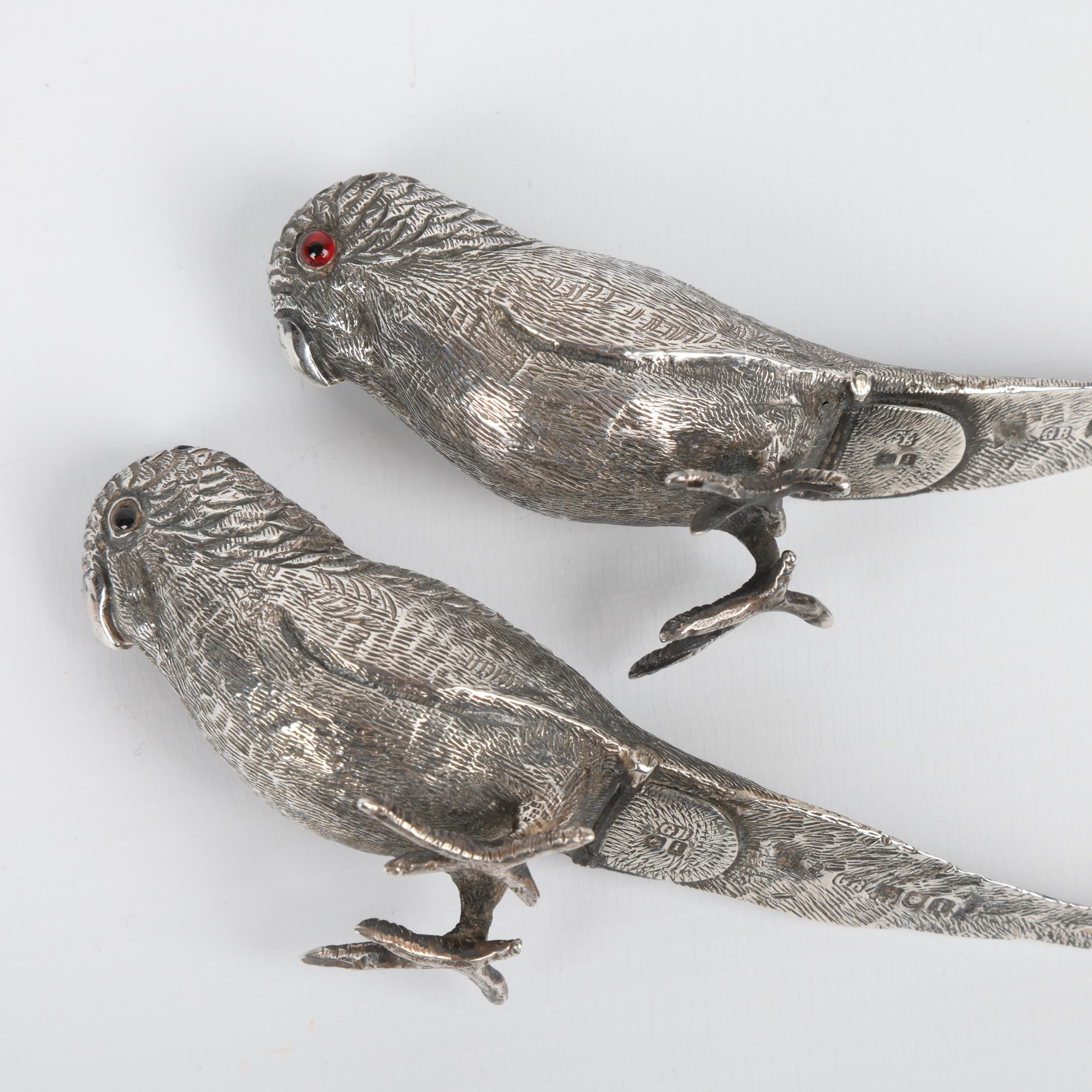 A pair of Edwardian novelty silver figural budgerigar bird pepperettes, George Bedingham, London - Image 3 of 3