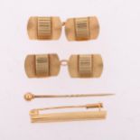 An Art Deco style 9ct gold matched dress set, comprising cufflinks, brooch and stickpin, cufflinks