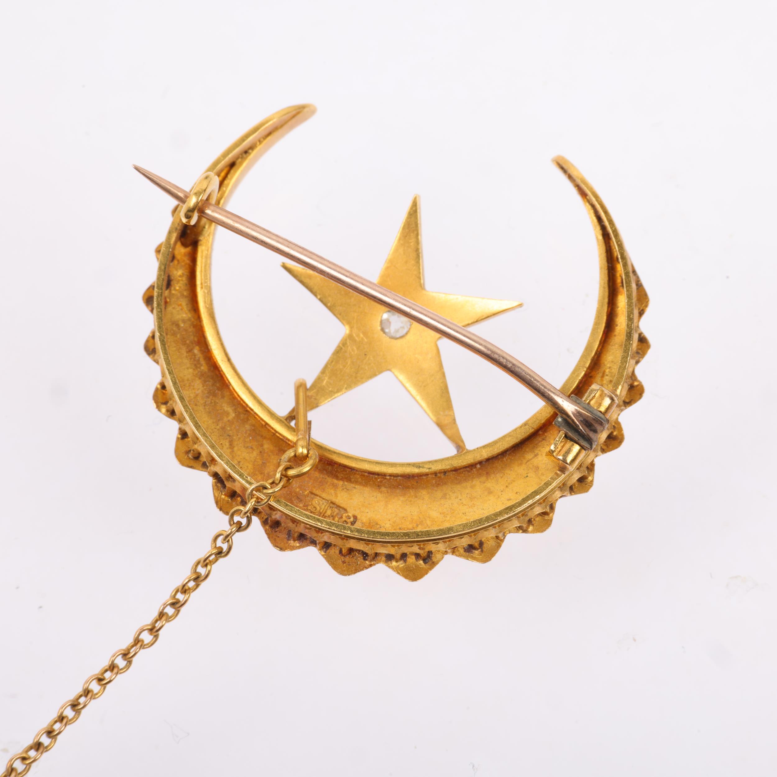 A Victorian 18ct gold split pearl and diamond crescent moon and star brooch, maker SS, circa 1880, - Image 3 of 4