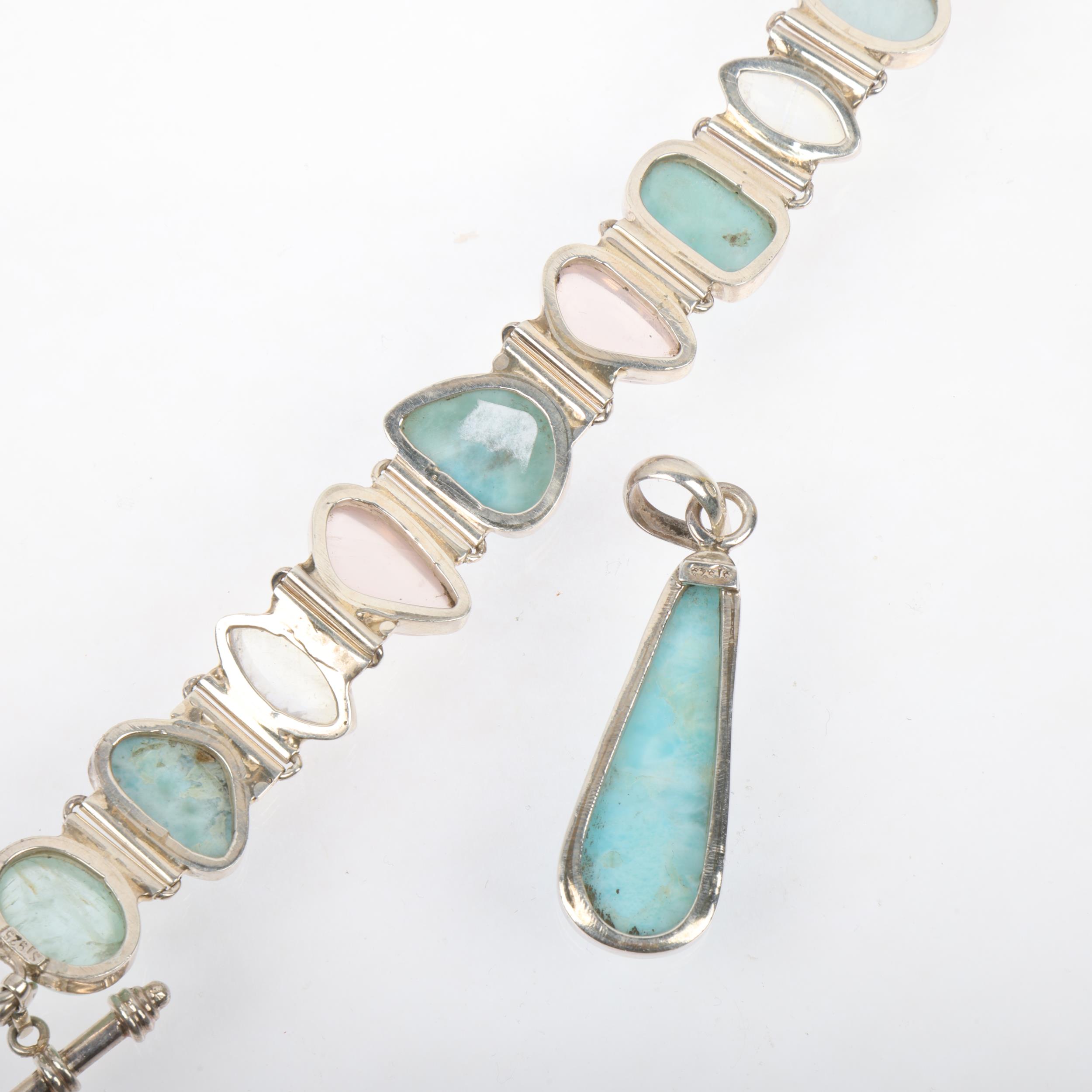 A modern sterling silver larimar and gem set bracelet and pendant set, bracelet 21.5cm, pendant 58. - Image 3 of 3