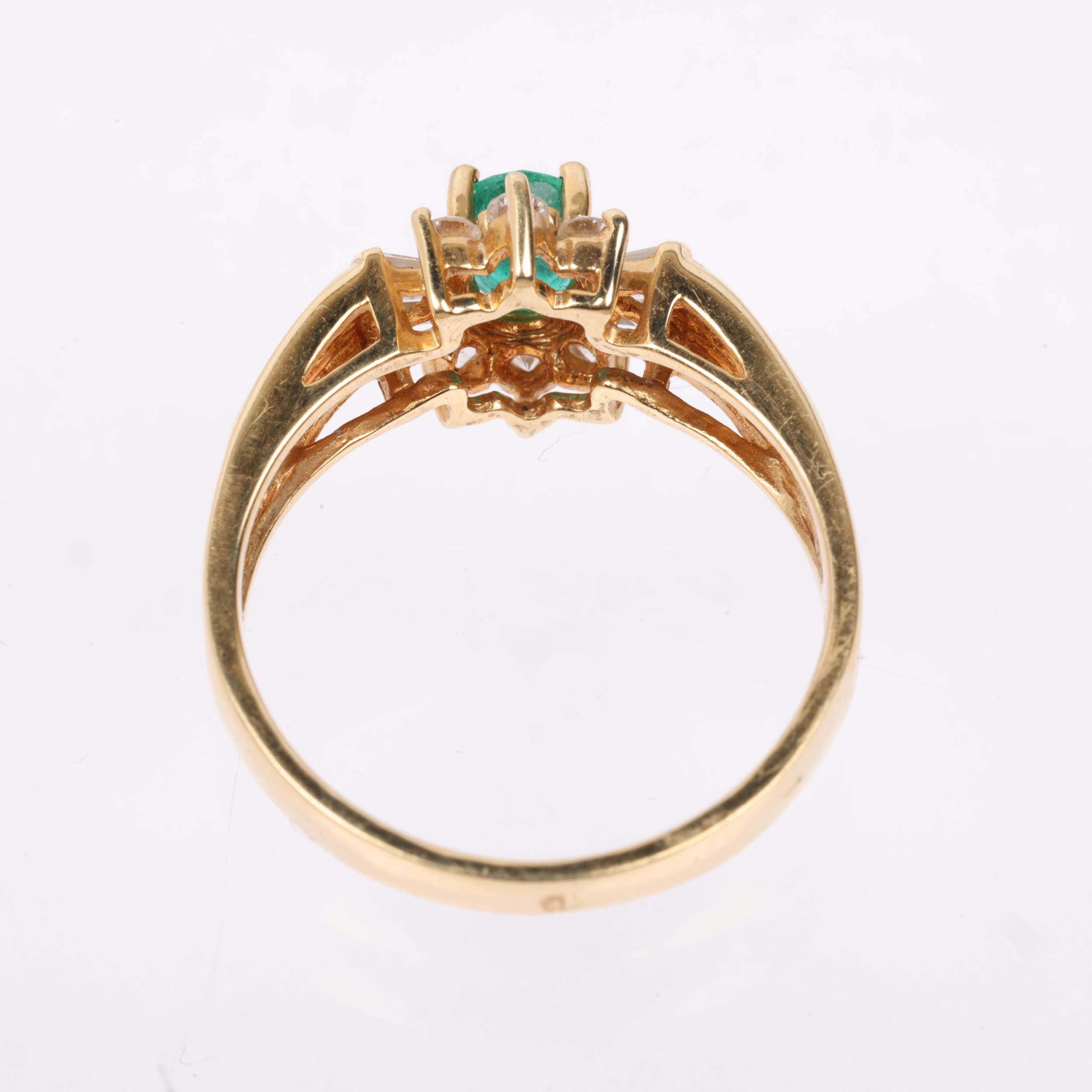 A Continental 14ct emerald and diamond flowerhead cluster ring, set with oval mixed-cut emerald with - Image 3 of 4