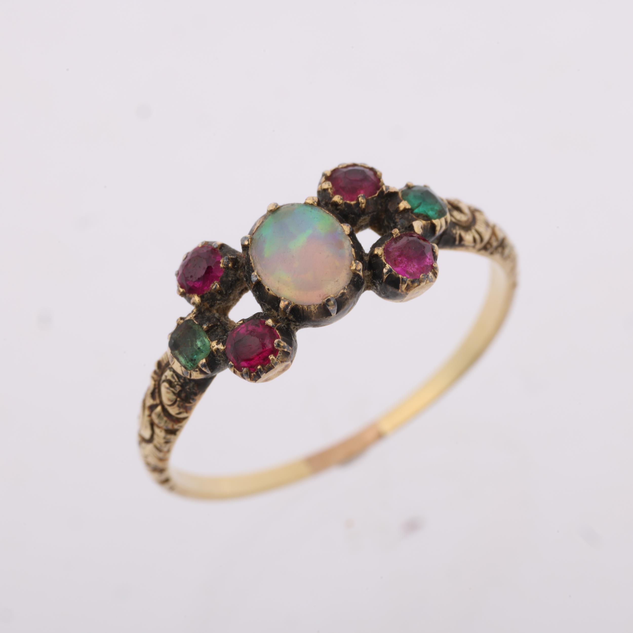 A Georgian opal ruby and chrysolite sweetheart ring, circa 1820, cut-down collet set with oval - Image 2 of 4