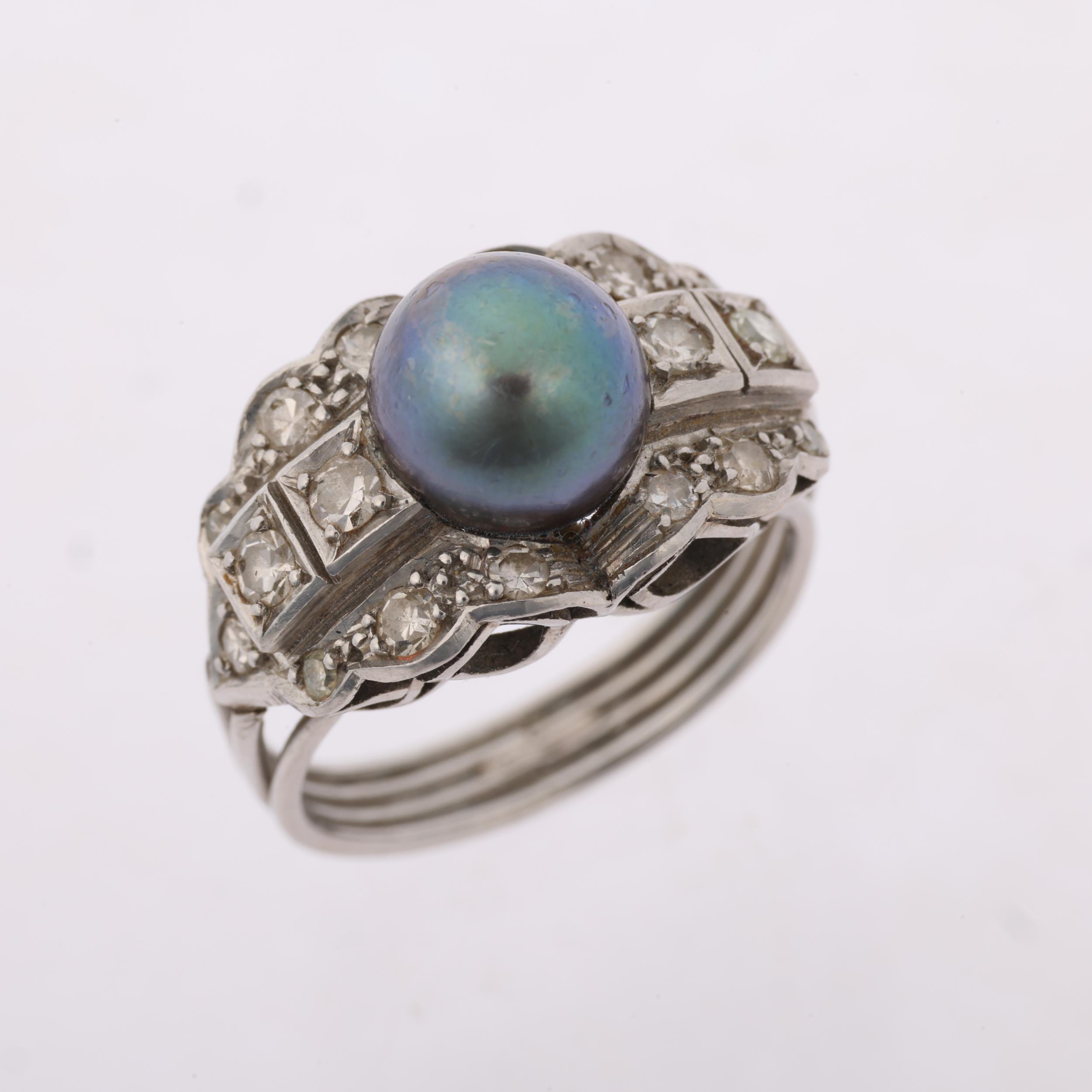 An Art Deco style whole black Tahitian pearl and diamond panel ring, setting height 11.5mm, size - Image 2 of 4