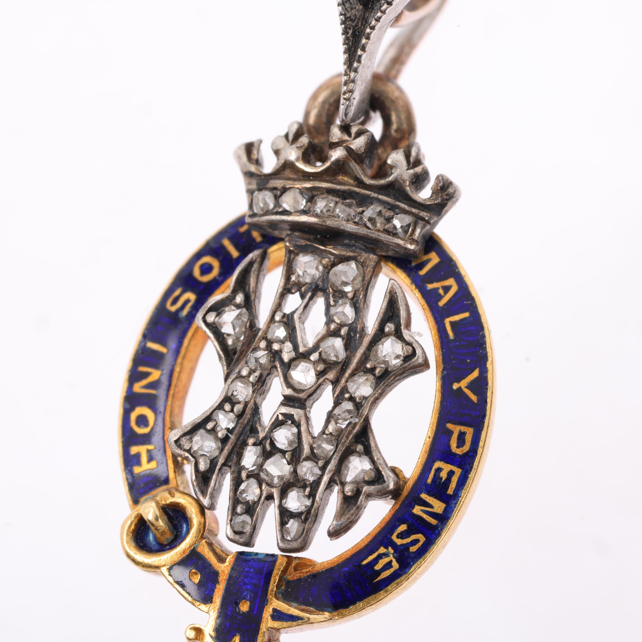 An early 20th century miniature diamond and blue enamel Order of the Garter pendant, presented by - Image 2 of 4