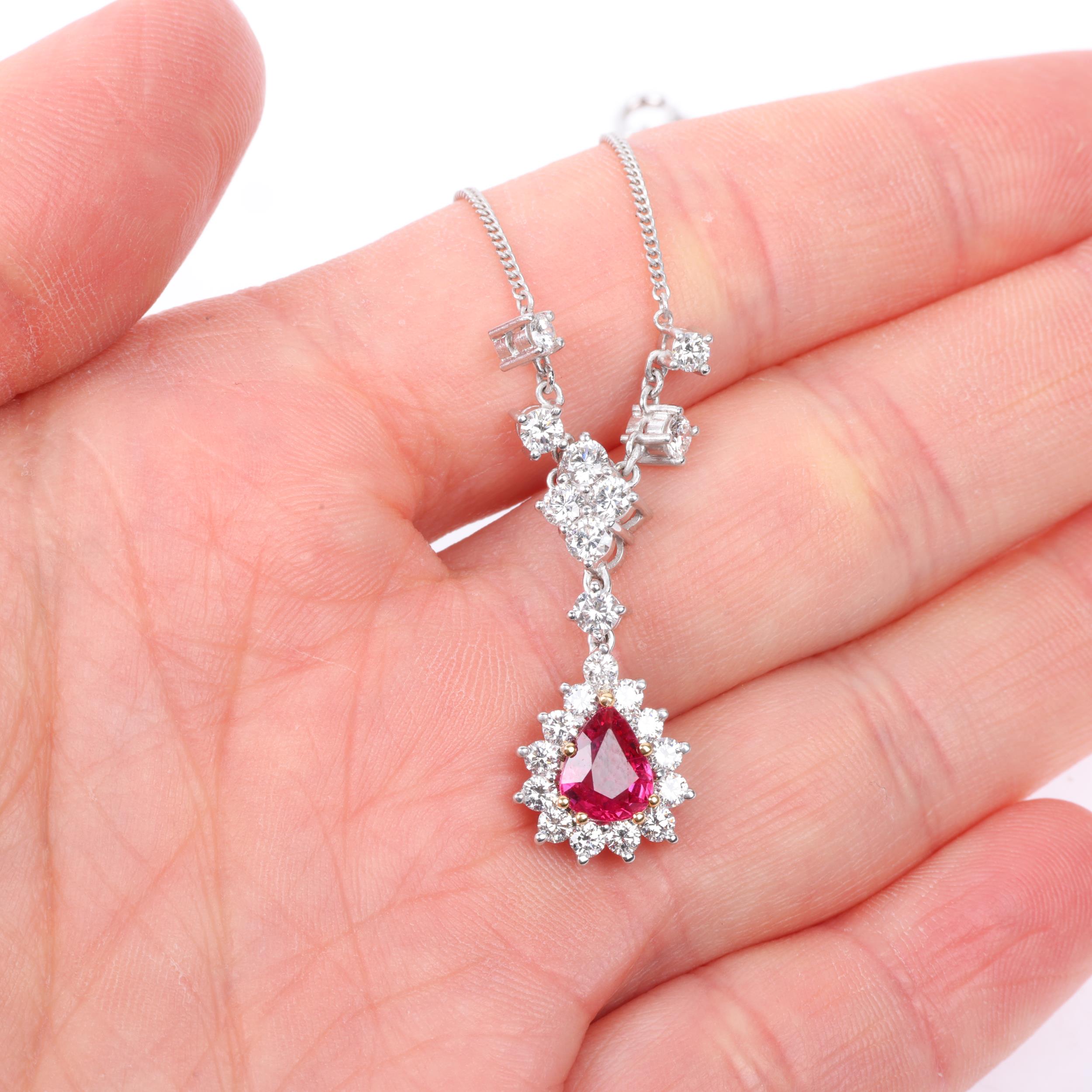 An 18ct white gold synthetic? ruby and diamond pear cluster drop pendant necklace, maker CC, - Image 4 of 4