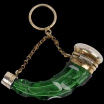 A Victorian miniature silver-mounted green glass cornucopia scent bottle, the faceted glass body