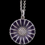 GEORG JENSEN - a modern Danish sterling silver and purple enamel daisy pattern pendant necklace,
