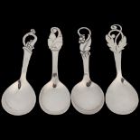 4 Art Nouveau style Danish silver floral preserve spoons, circa 1930s/50s, 11cm, 1.6oz total