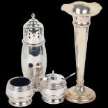 Various silver, including 2-piece cruet set, sugar caster and bud vase, 2.3oz weighable Condition