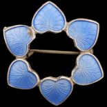 VOLMER BAHNER - a Danish modernist sterling silver blue enamel heart wreath brooch, 30.9mm, 4.1g