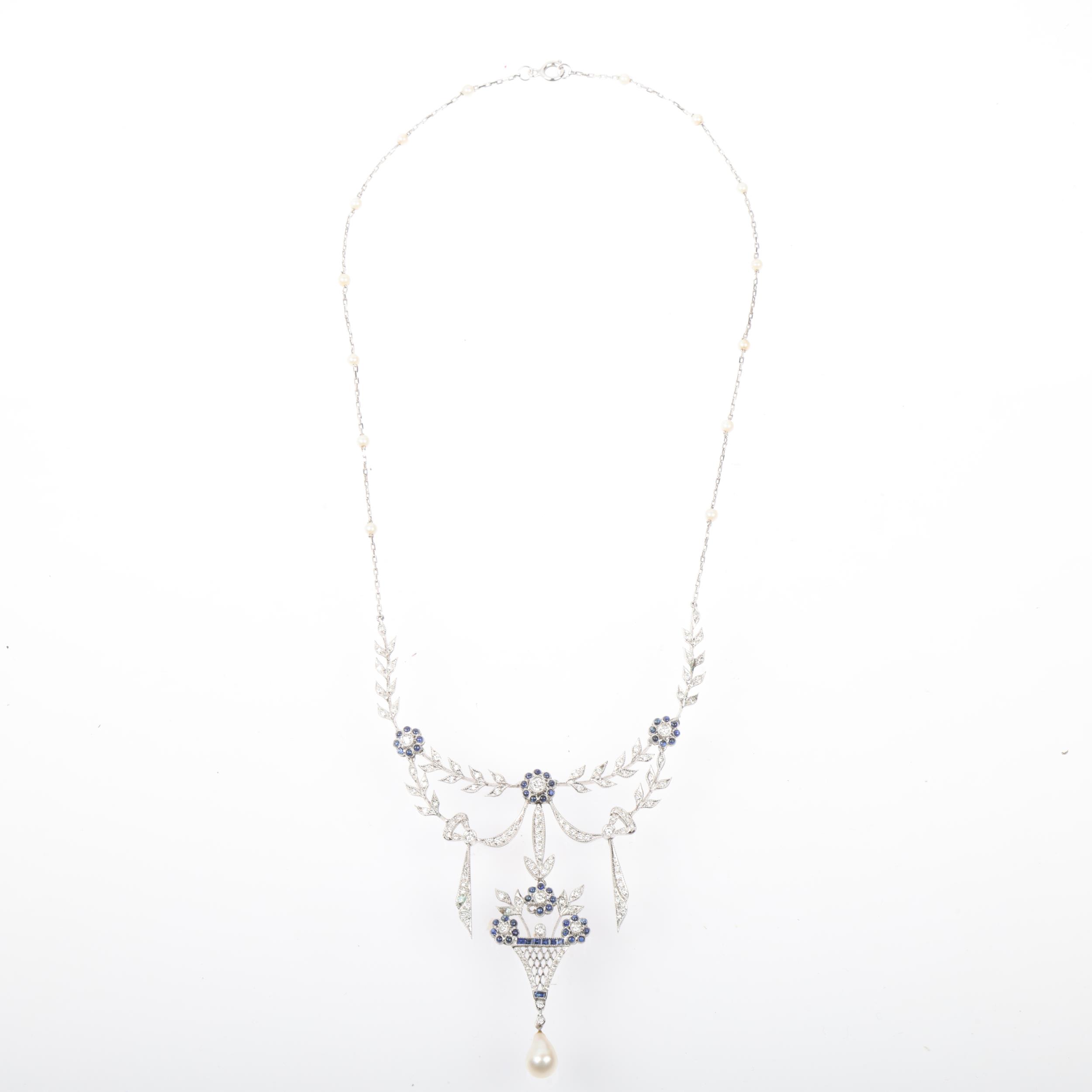 A Fine Belle Epoque sapphire pearl and diamond floral swag lavaliere necklace, the central Baroque - Image 3 of 4