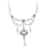 A Fine Belle Epoque sapphire pearl and diamond floral swag lavaliere necklace, the central Baroque