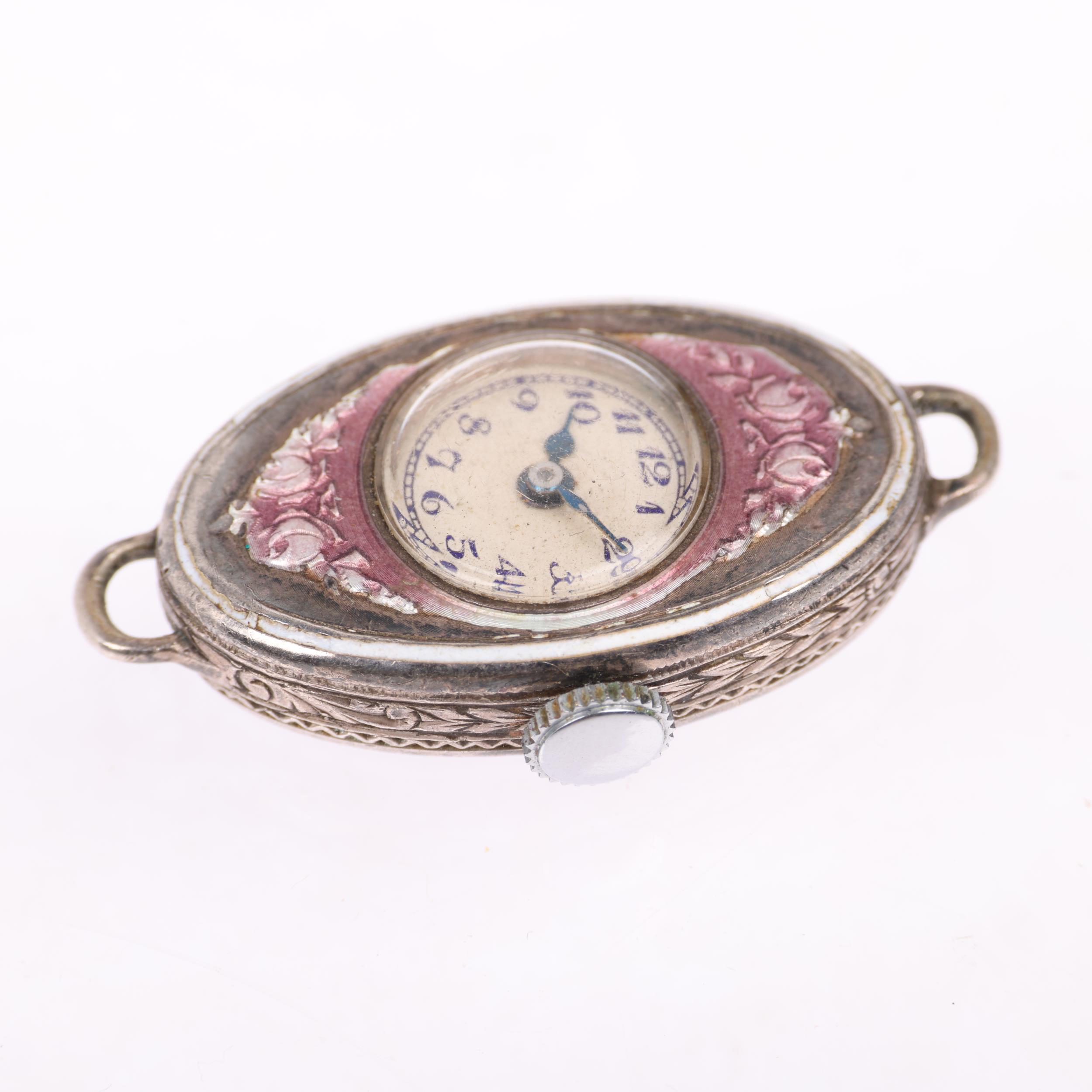 A lady's Art Deco sterling silver and enamel mechanical cocktail watch head, by Pery Watch Co, circa - Image 2 of 5