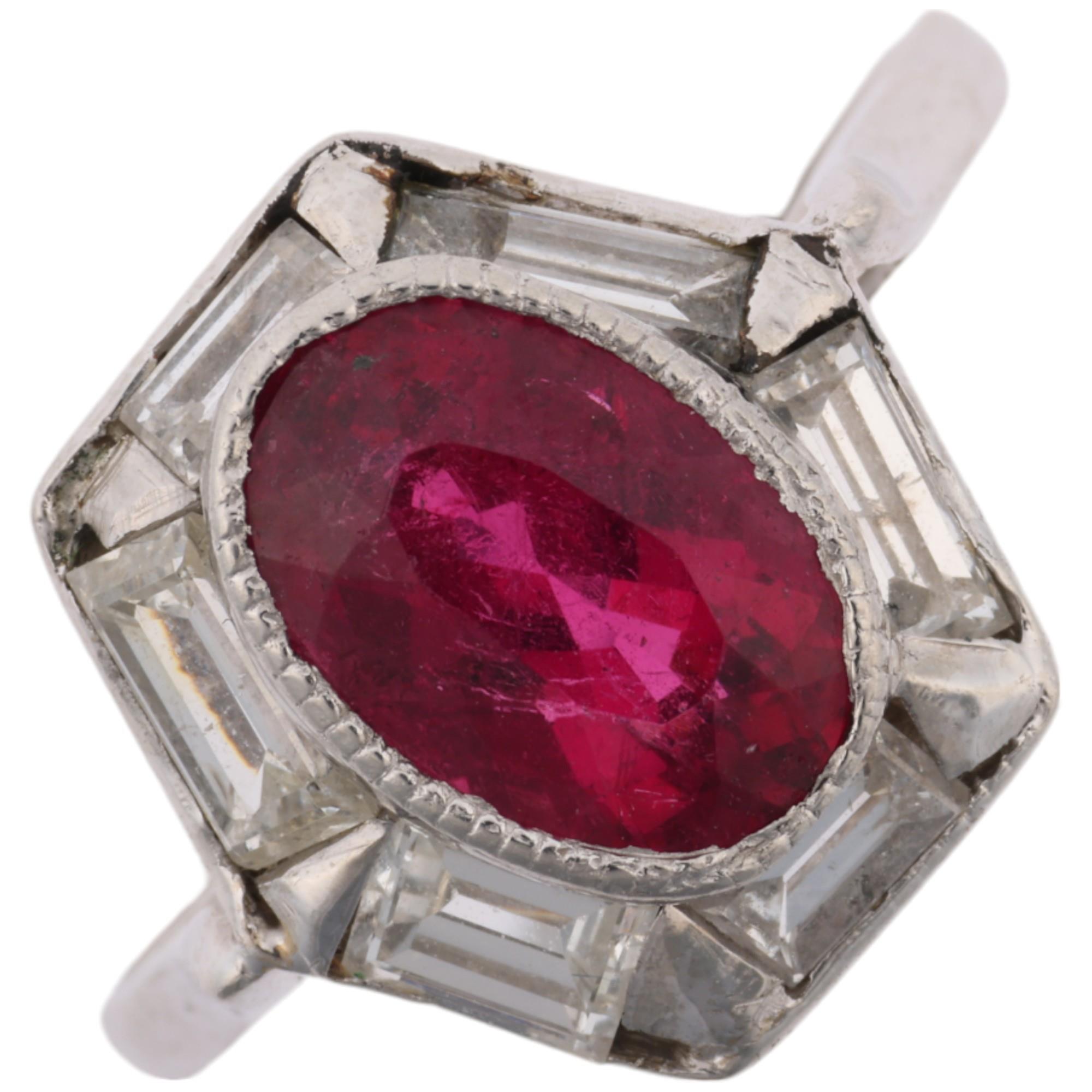 A late 20th century platinum synthetic? ruby and diamond hexagonal panel ring, maker B&M, London