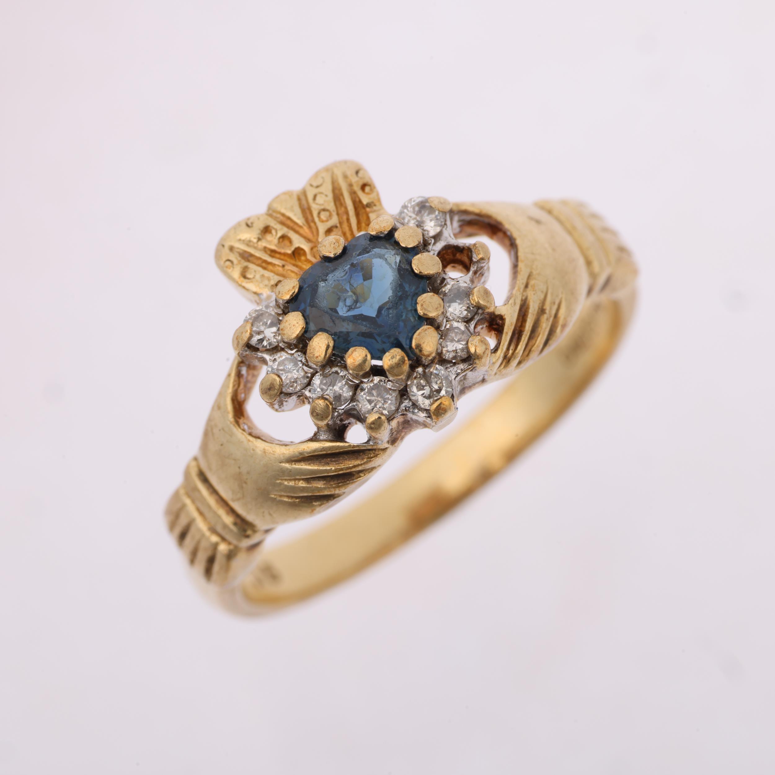 **WITHDRAWN** A modern 9ct gold sapphire and diamond heart cluster Claddagh ring, total diamond - Image 2 of 4