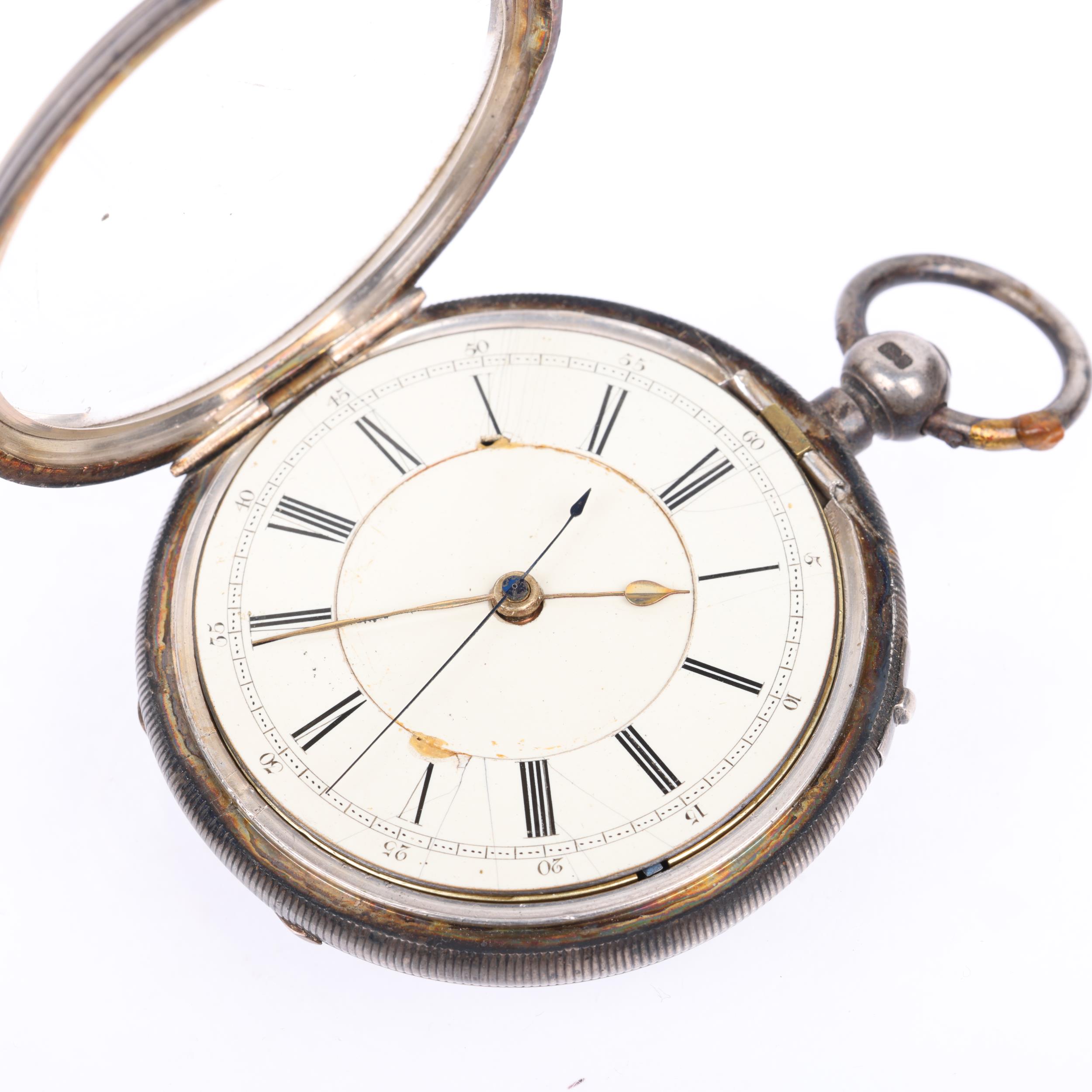 A 19th century silver-cased open-face key-wind chronograph pocket watch, white enamel dial with - Image 3 of 5