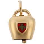 An Italian 18ct gold and red enamel novelty Swiss flag cowbell charm/pendant, 18.6mm, 3.2g Condition