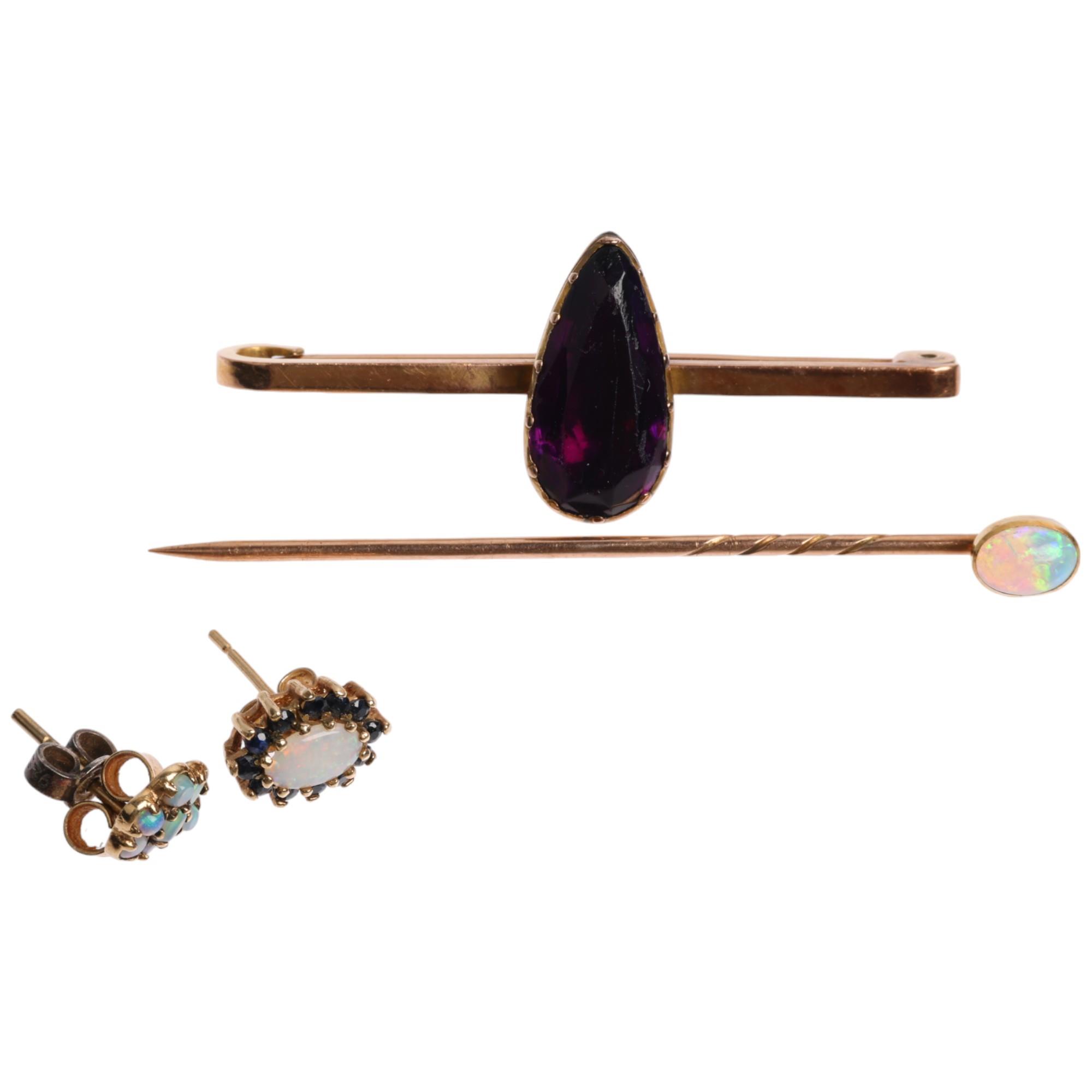 Various gold jewellery, including 9ct amethyst bar brooch, opal stickpin, etc, 5.7g gross (4)