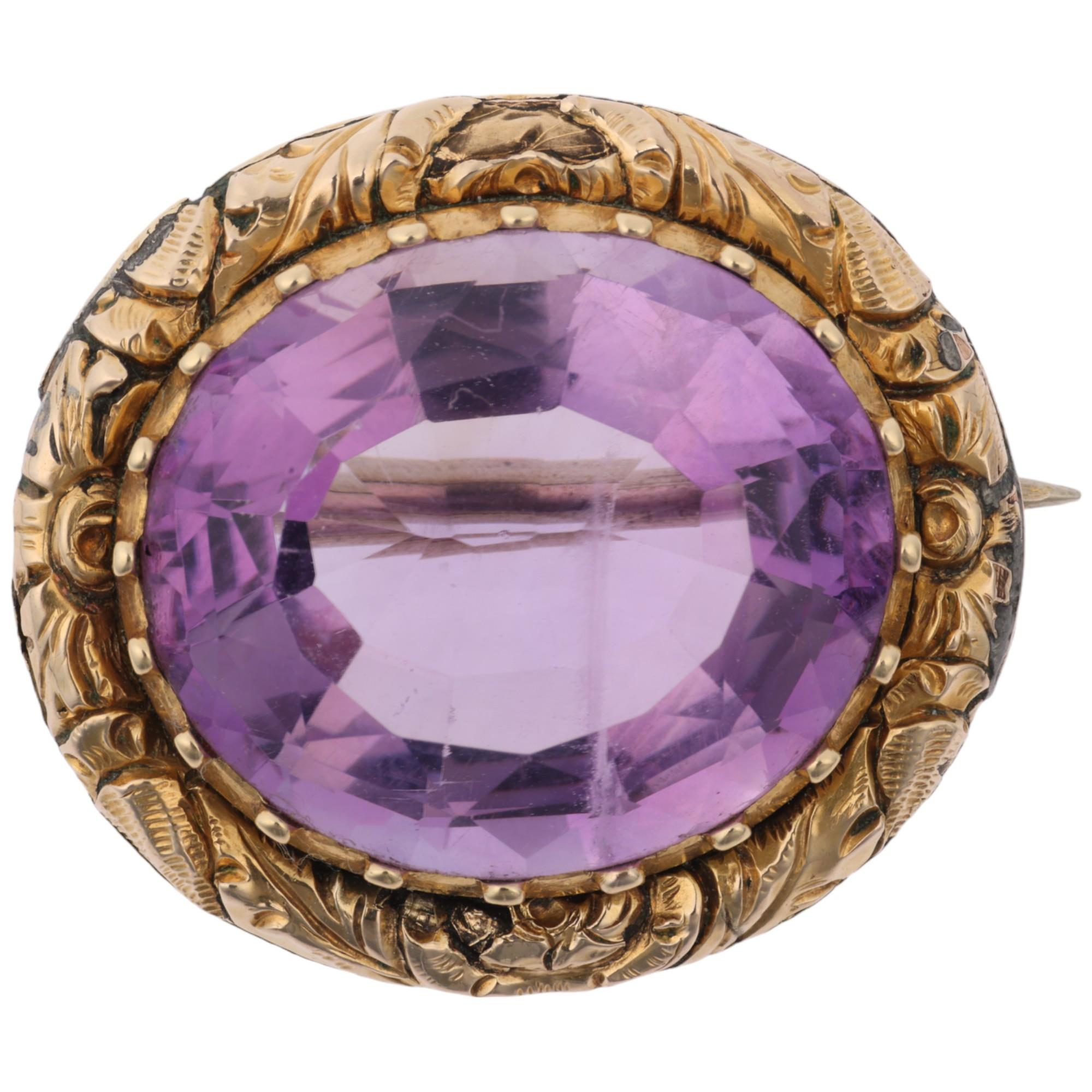 A Georgian amethyst brooch, circa 1820, cut-down collet set with 16ct oval mixed-cut amethyst,