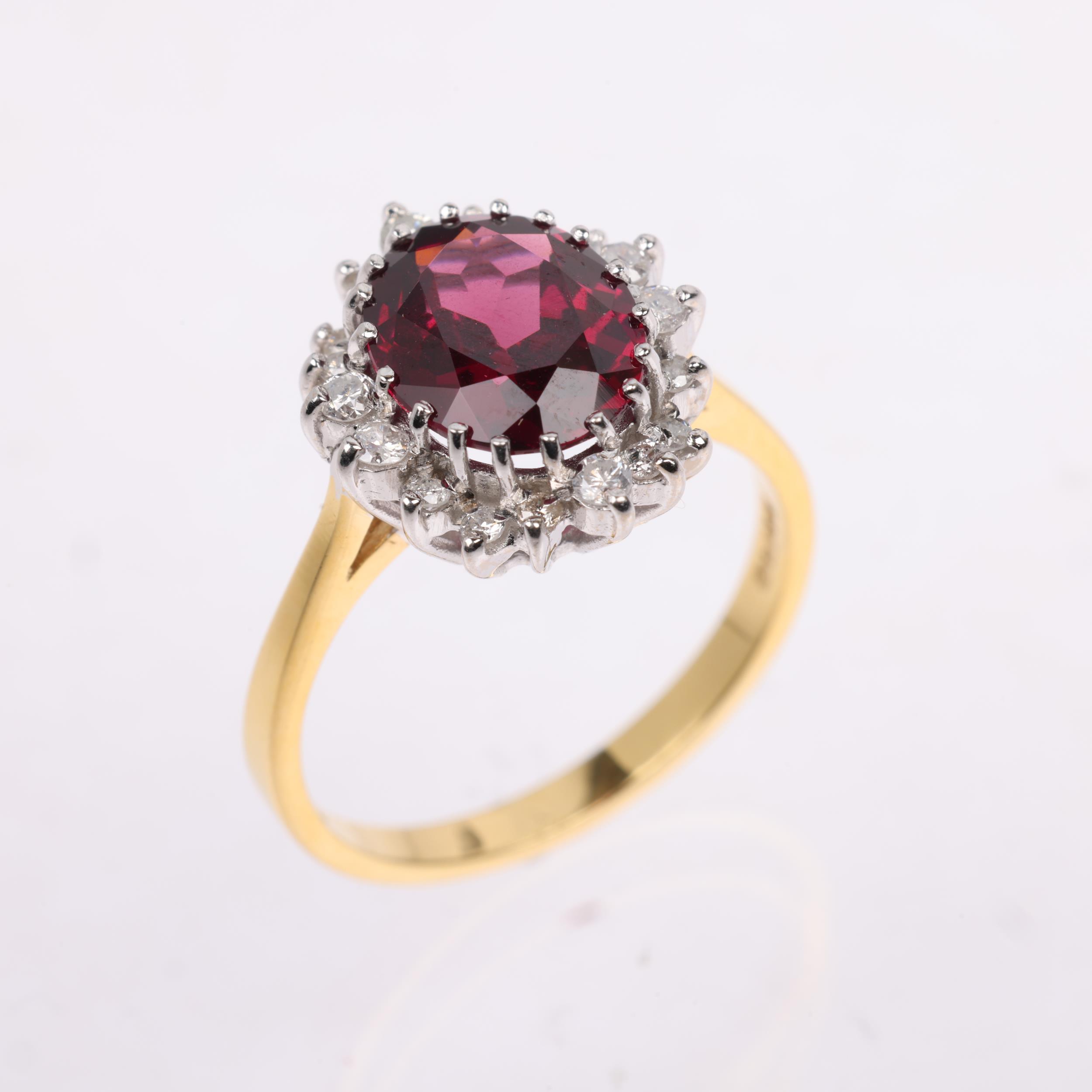 A late 20th century 18ct gold almandine garnet and diamond oval cluster ring, maker R Ltd, London - Image 2 of 4