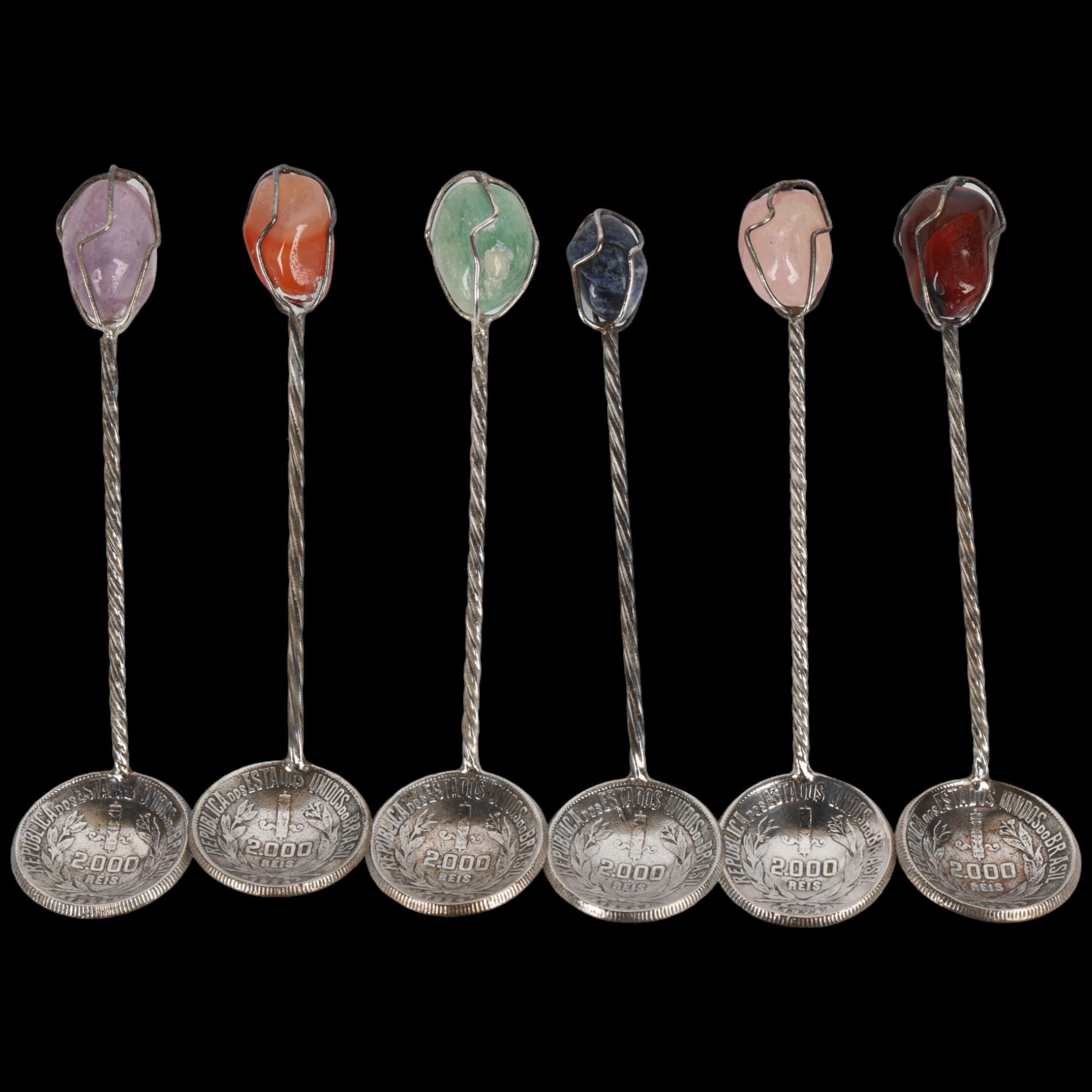 A set of 6 Brazilian silver 2000 Reis coin coffee spoons, each set with hardstone terminal and