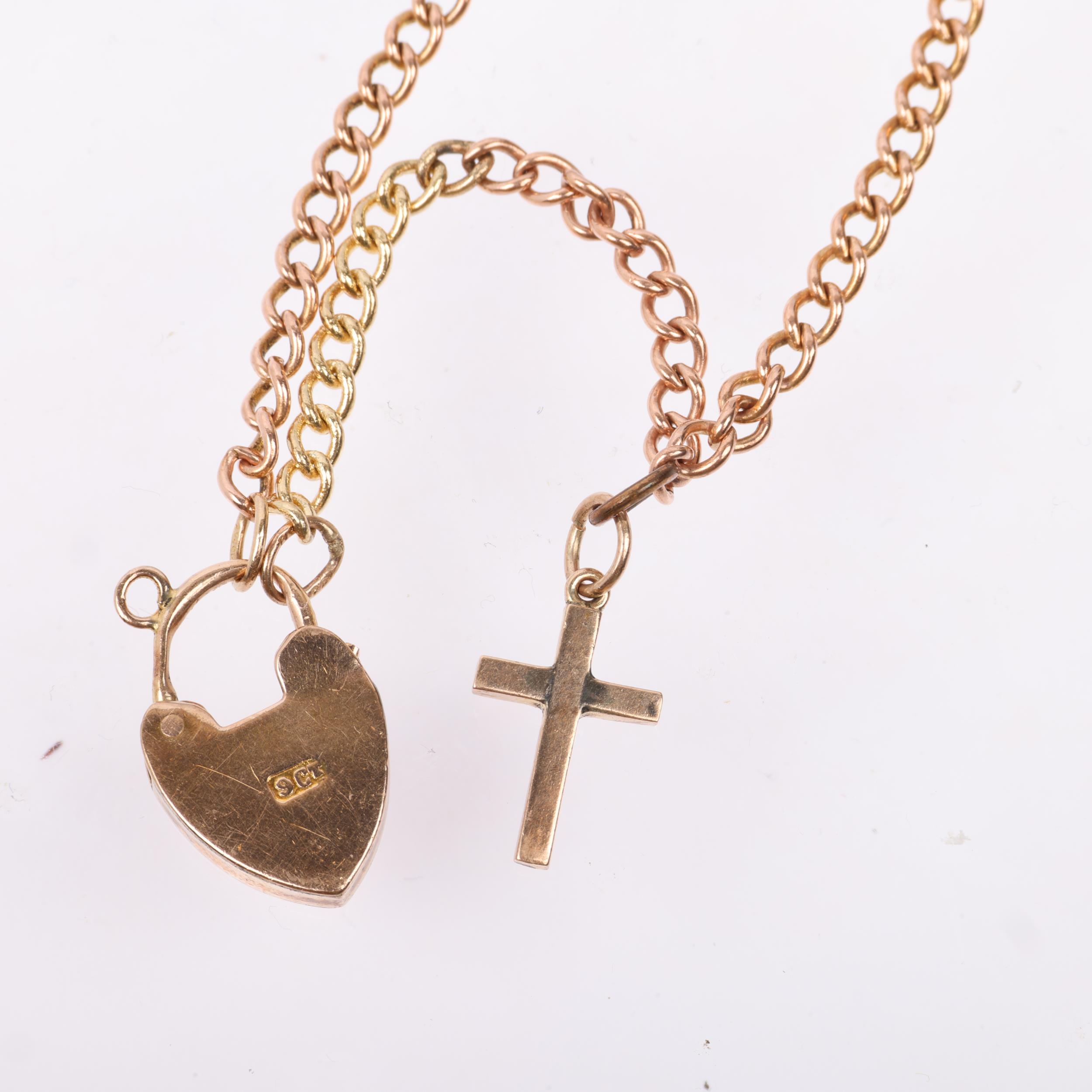 An early 20th century 9ct gold curb link chain bracelet, with unmarked gold cross charm and 9ct - Image 3 of 4