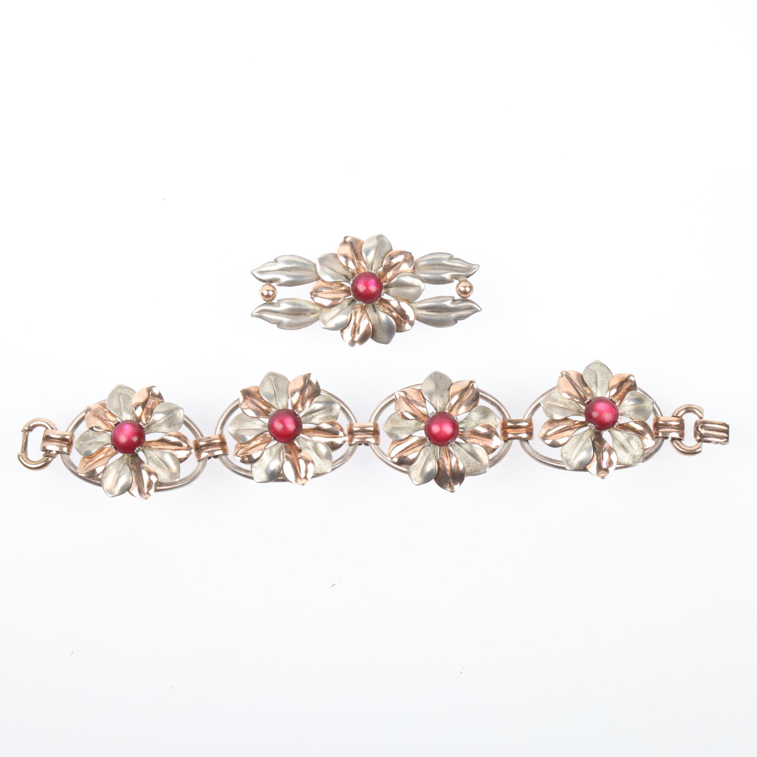 KREISLER - an American sterling silver-gilt stone set flowerhead panel bracelet and brooch set, - Image 2 of 3