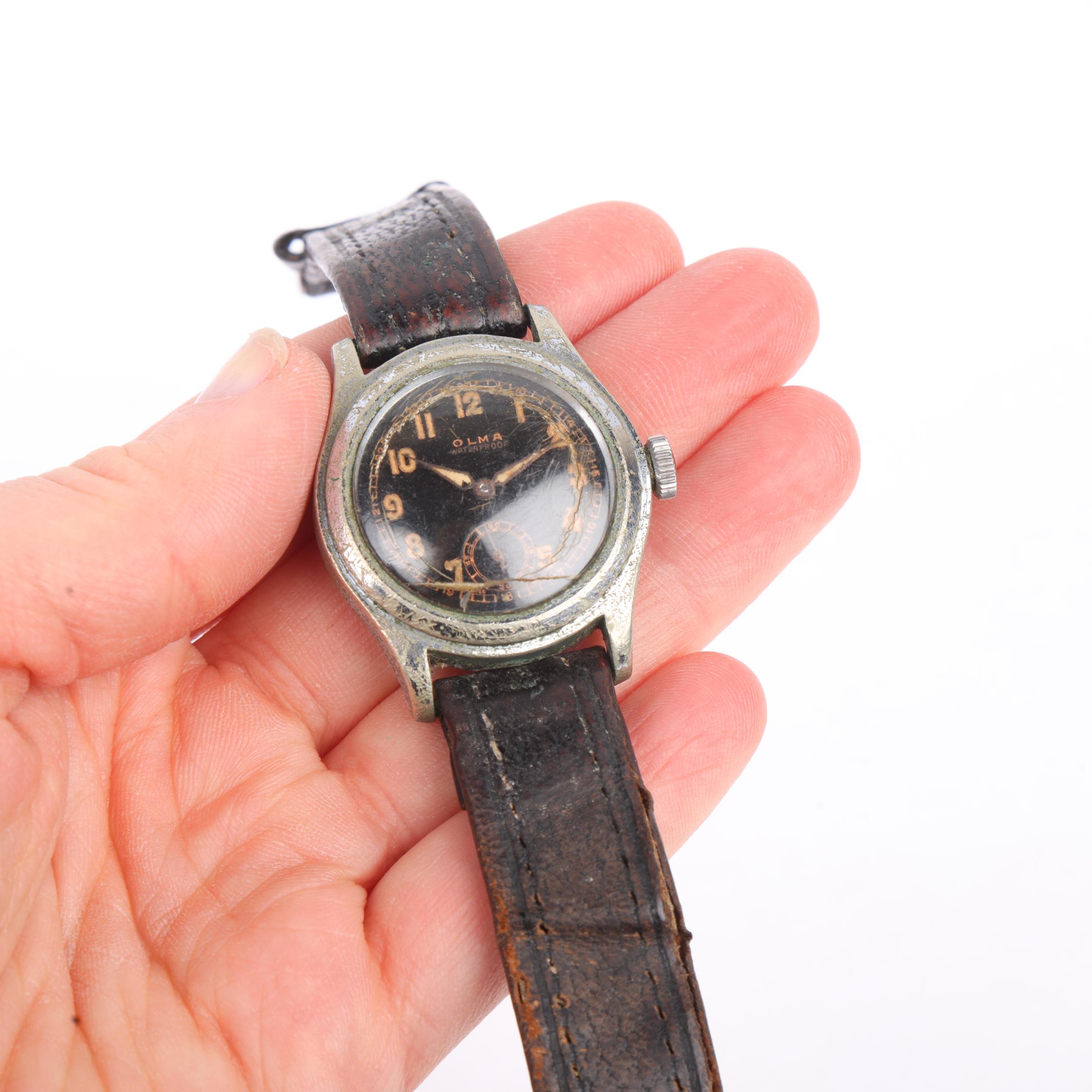 OLMA - a Second World War Period nickel plated pilot's mechanical wristwatch, circa 1940s, black - Image 5 of 5