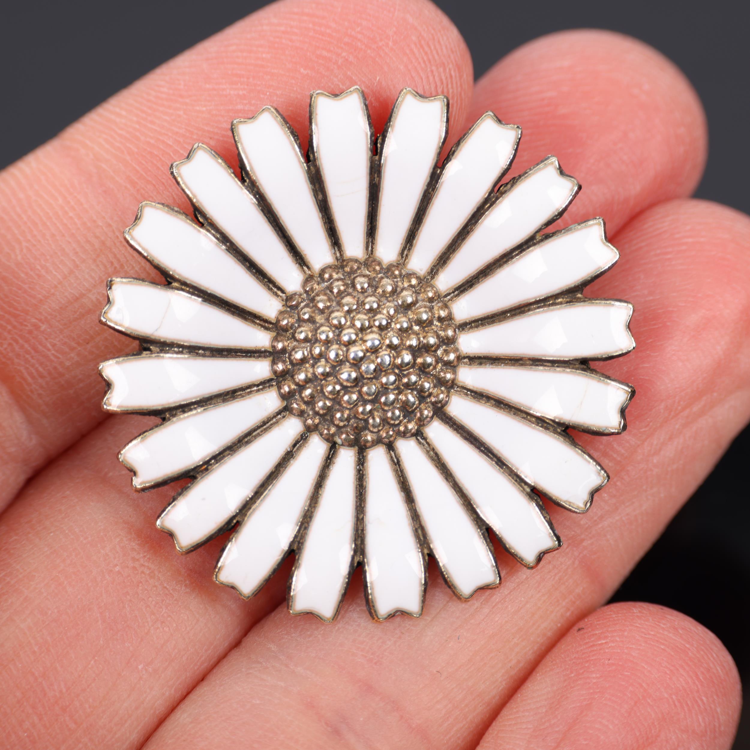 ANTON MICHELSEN - a Danish vermeil sterling silver and white enamel daisy pattern brooch, 32.5mm, - Image 4 of 4