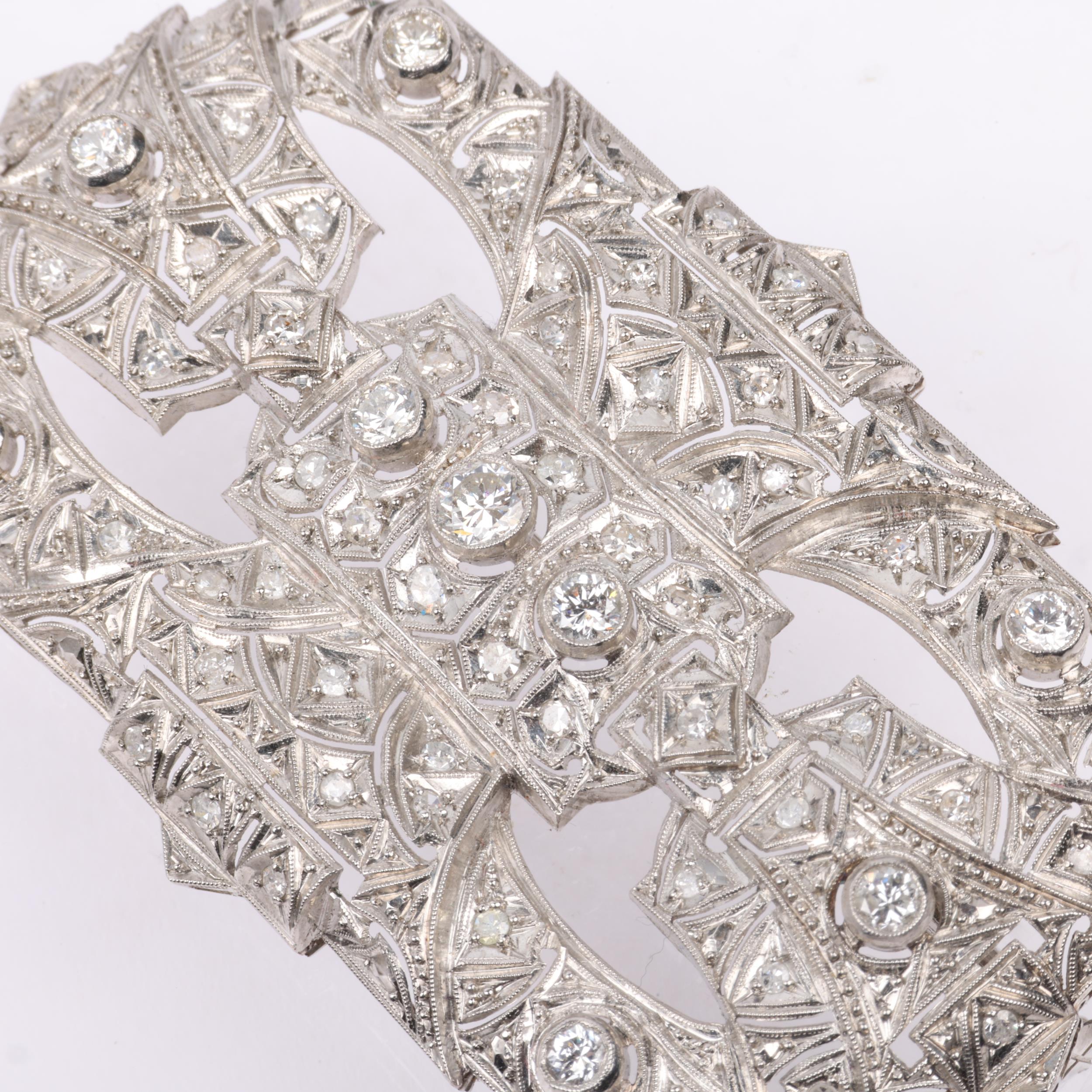 A large Art Deco platinum and diamond geometric panel brooch, set with round brilliant and eight-cut - Image 2 of 4